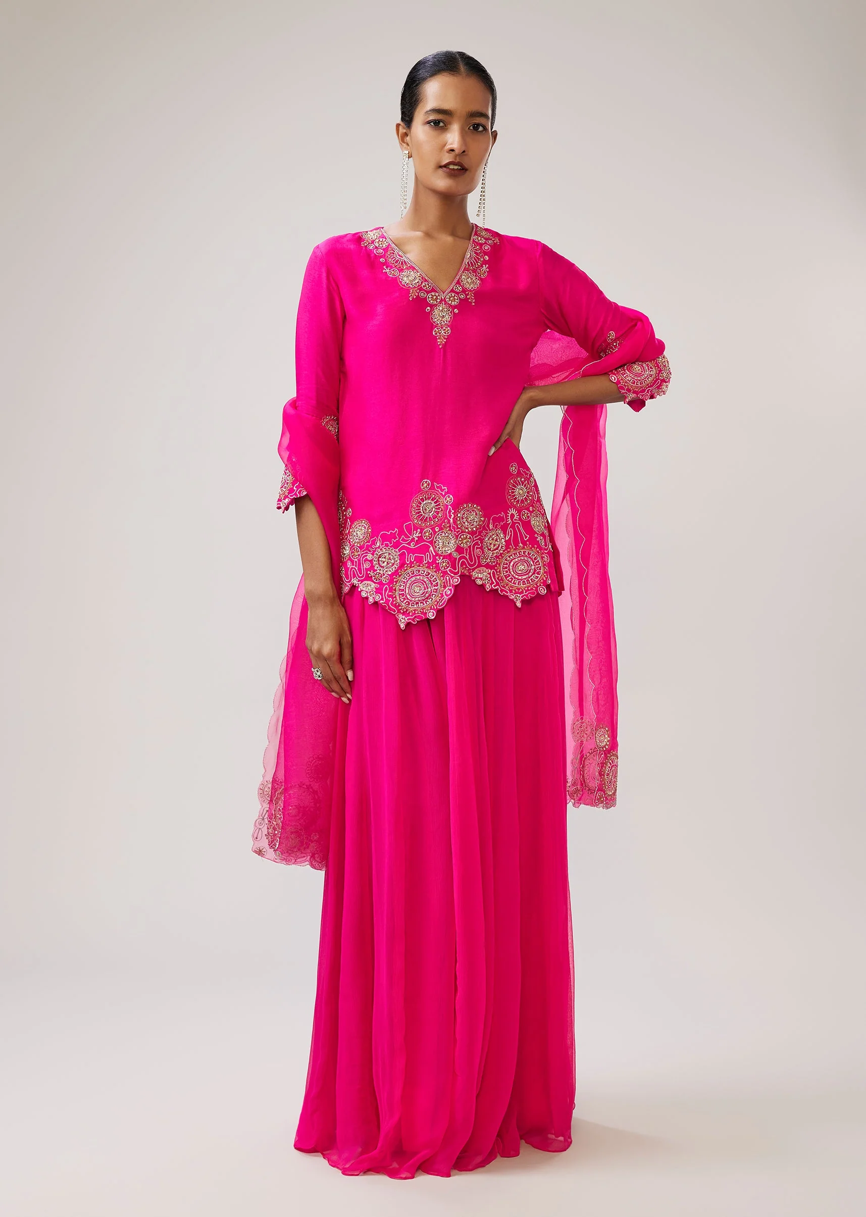Pink Zari Sequin Resham Palazzo Suit With Dupatta - Image 3