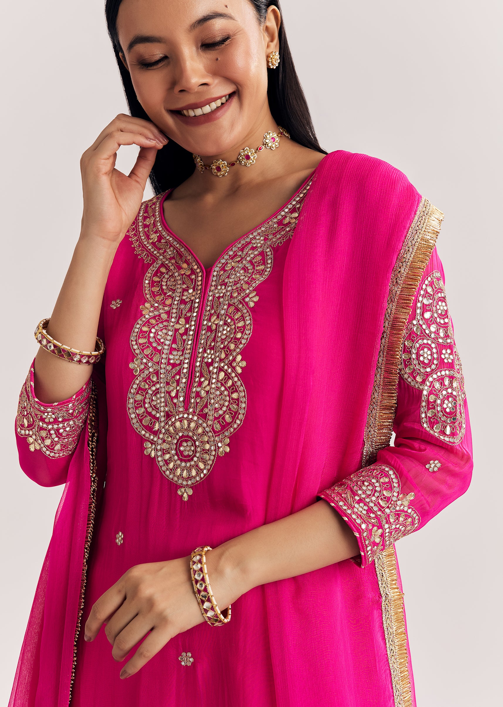 Pink Zari Work Kurta Set With Chiffon Dupatta - Image 2
