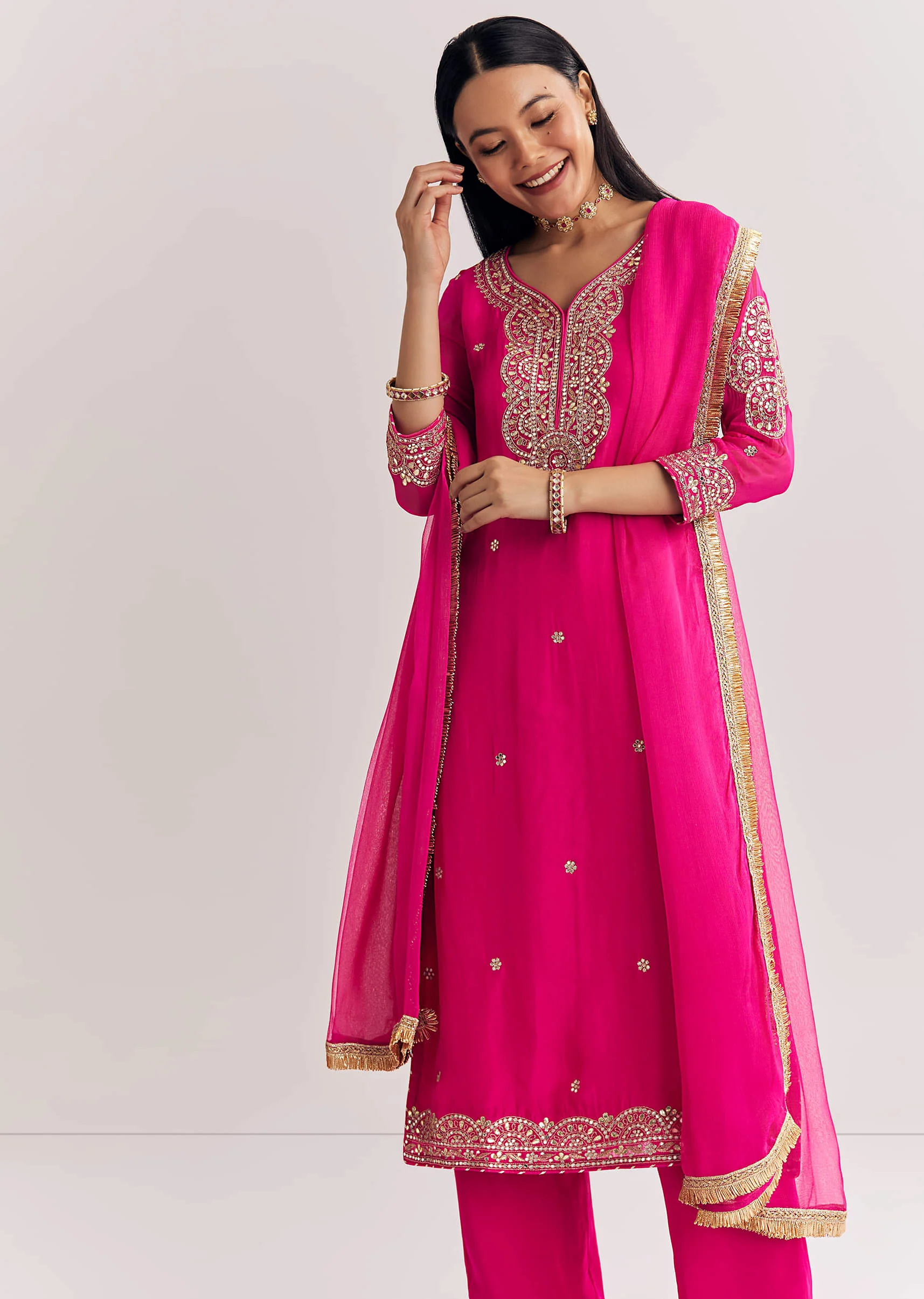 Pink Zari Work Kurta Set With Chiffon Dupatta - Image 4