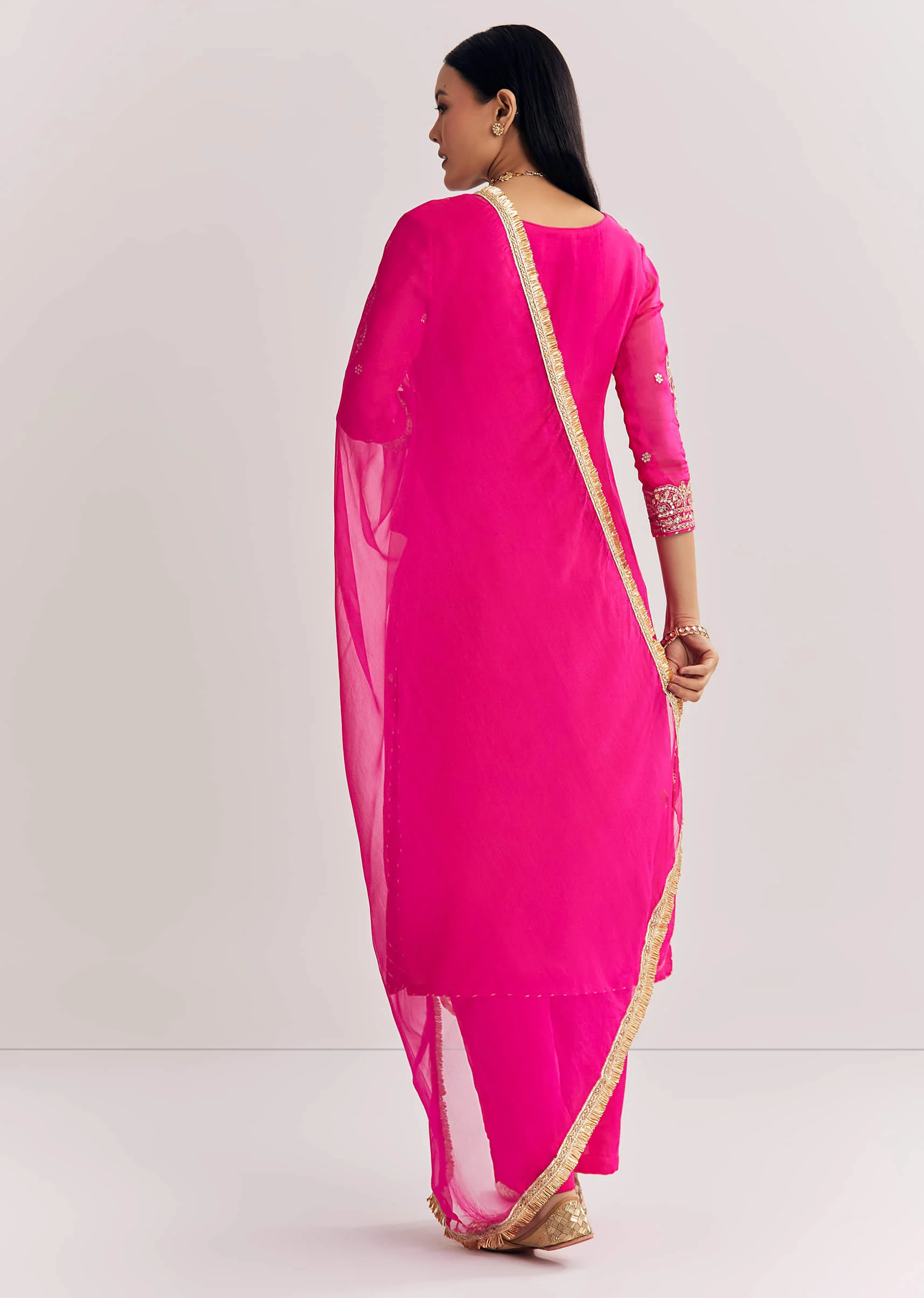 Pink Zari Work Kurta Set With Chiffon Dupatta - Image 5