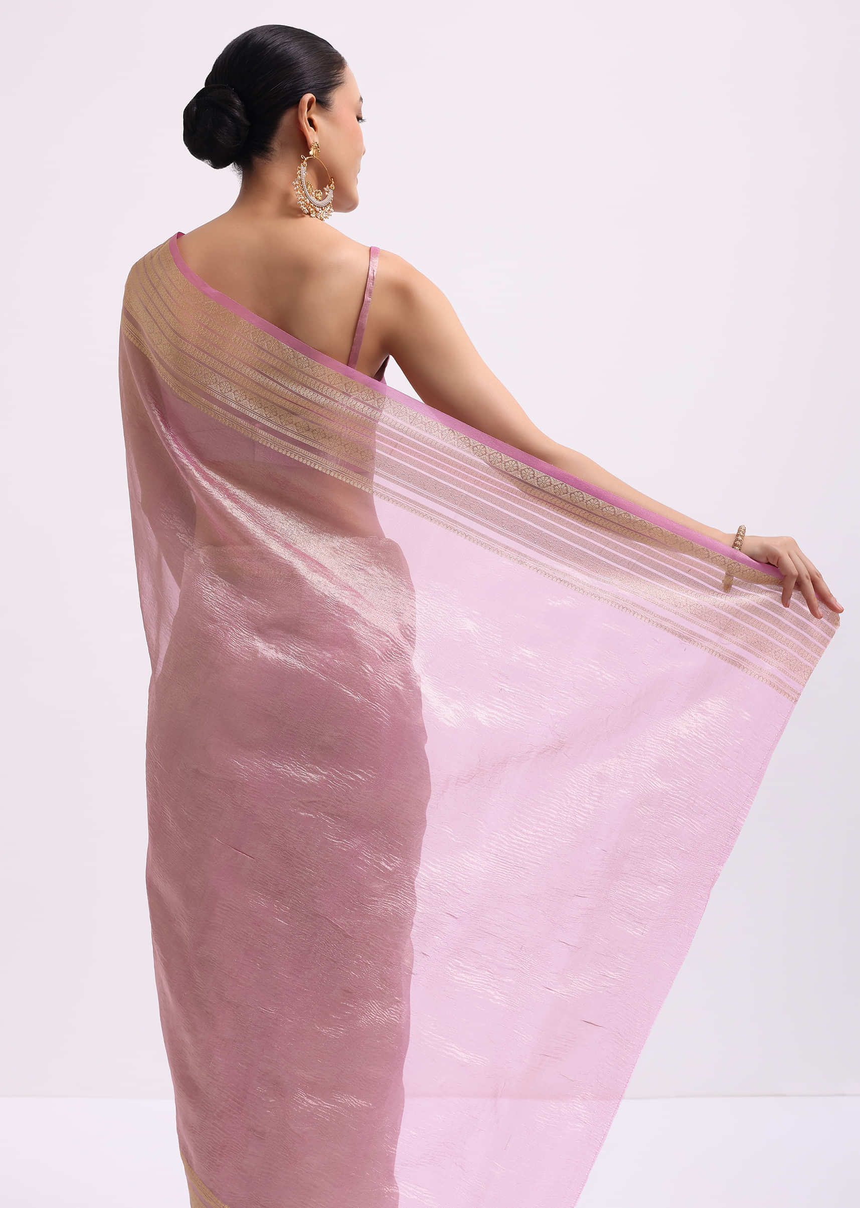 Pink Zari Woven Chanderi Saree With Unstitched Blouse - Image 4