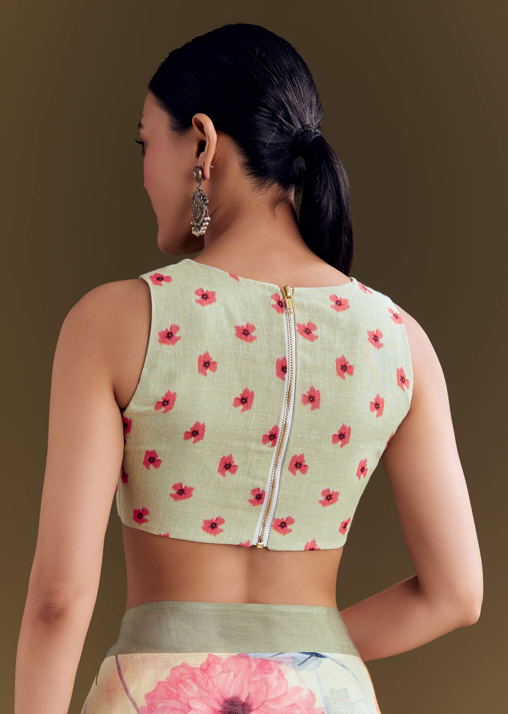 Pista Cotton Linen Saree With Multicolor Florals - Image 8