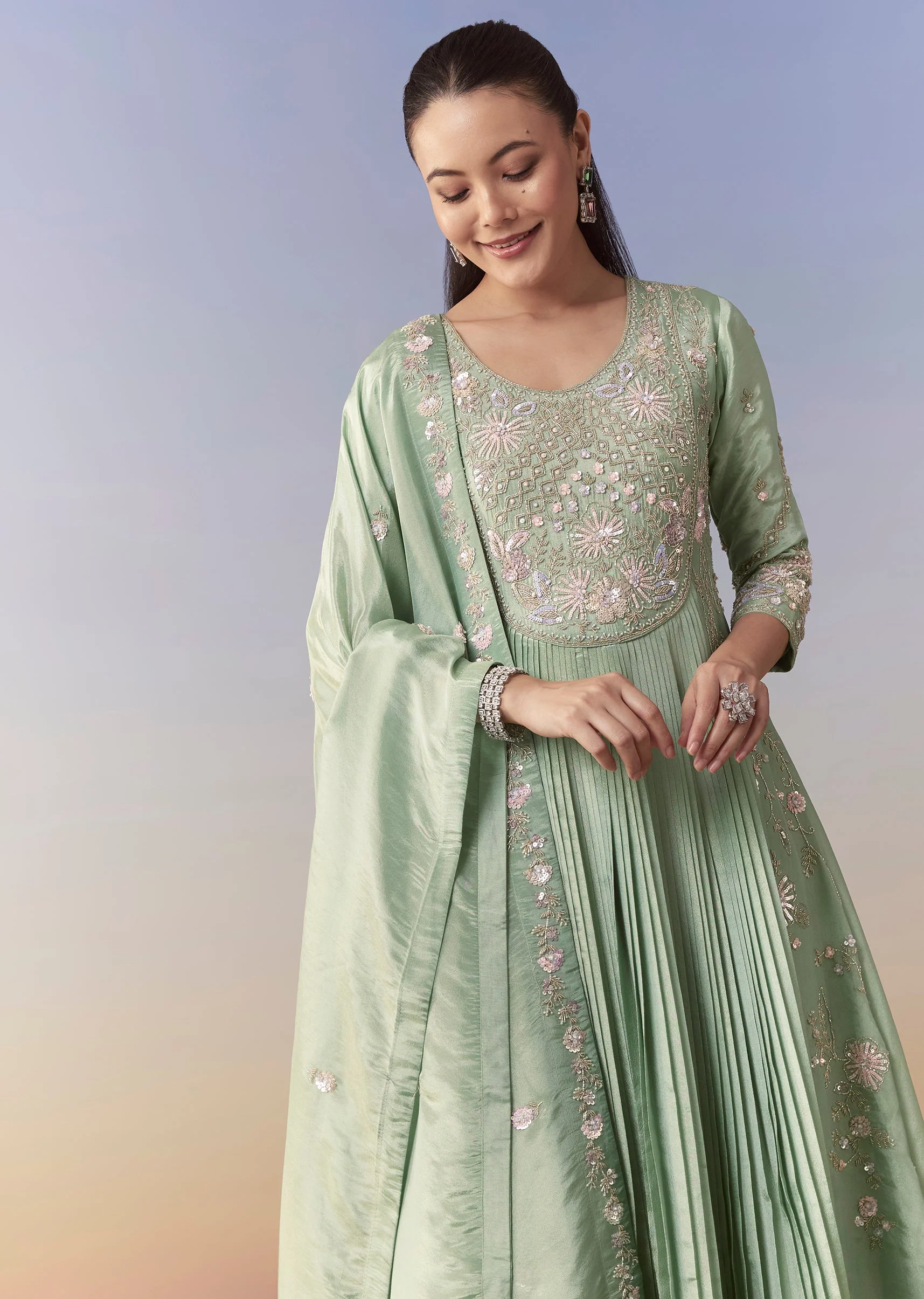 Pista Green Anarkali Set with Front Pleats - Image 4