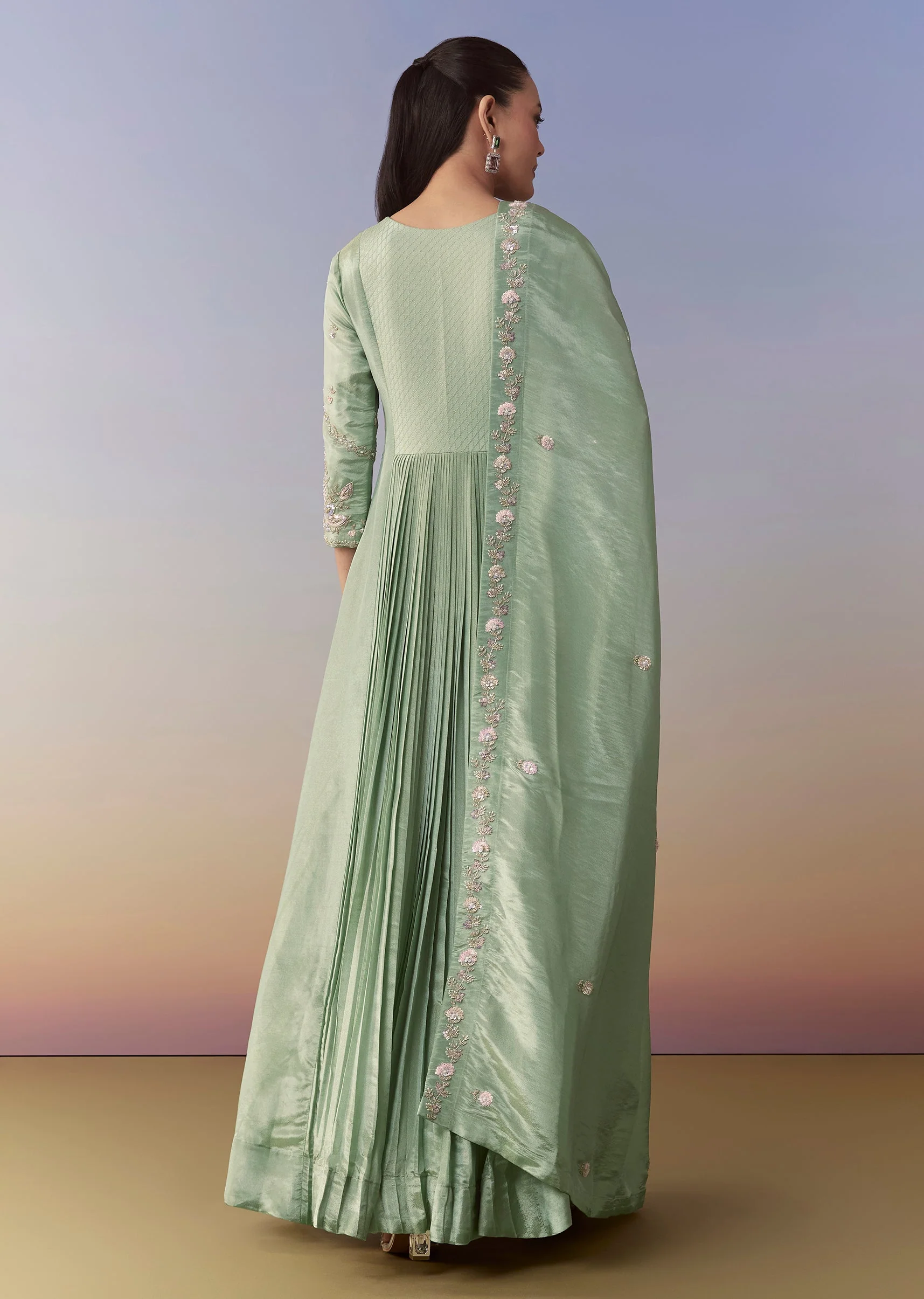Pista Green Anarkali Set with Front Pleats - Image 5