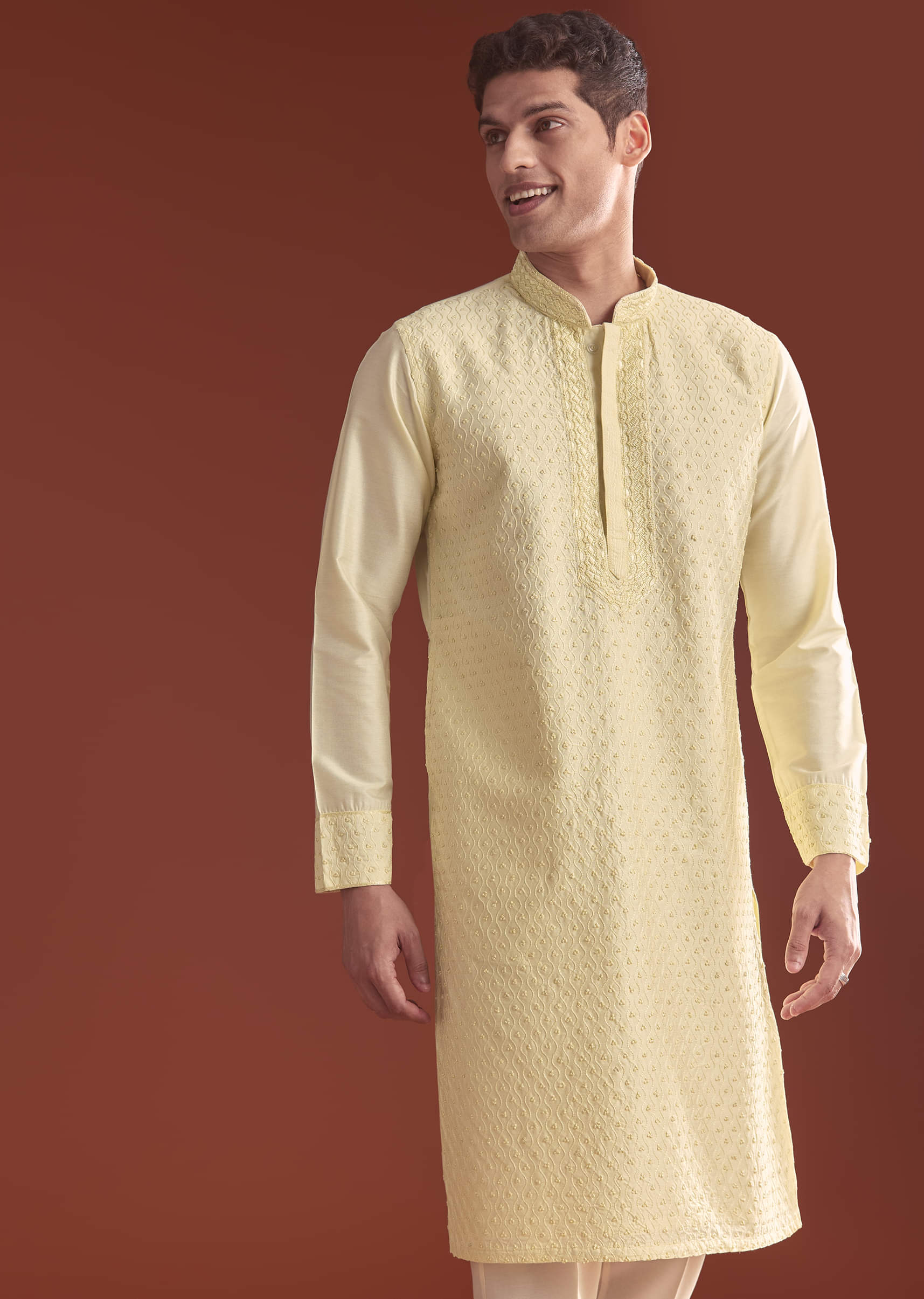 Pista Green Banarasi Silk Kurta Set For Men With Intricate Embroidery - Image 3