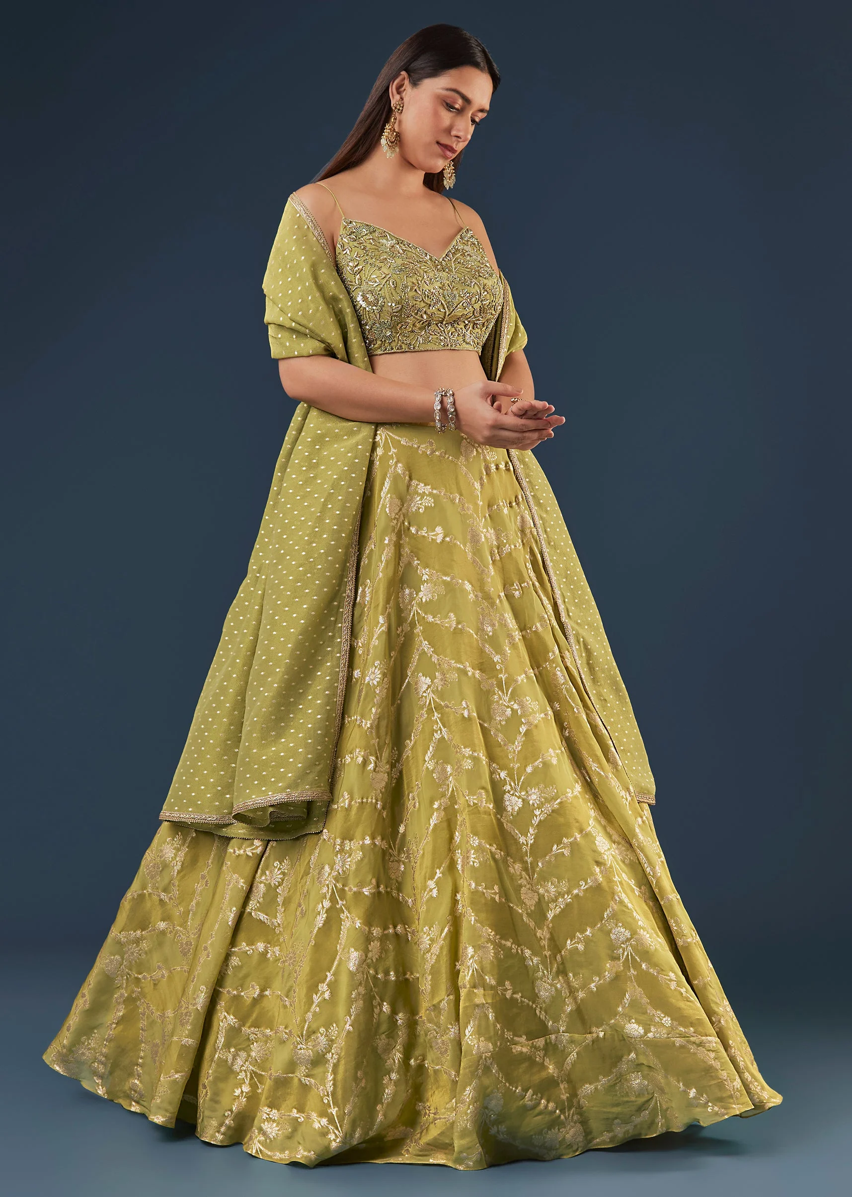 Pista Green Banarasi Silk Lehenga Set With Sequin Bead Detailing - Image 4