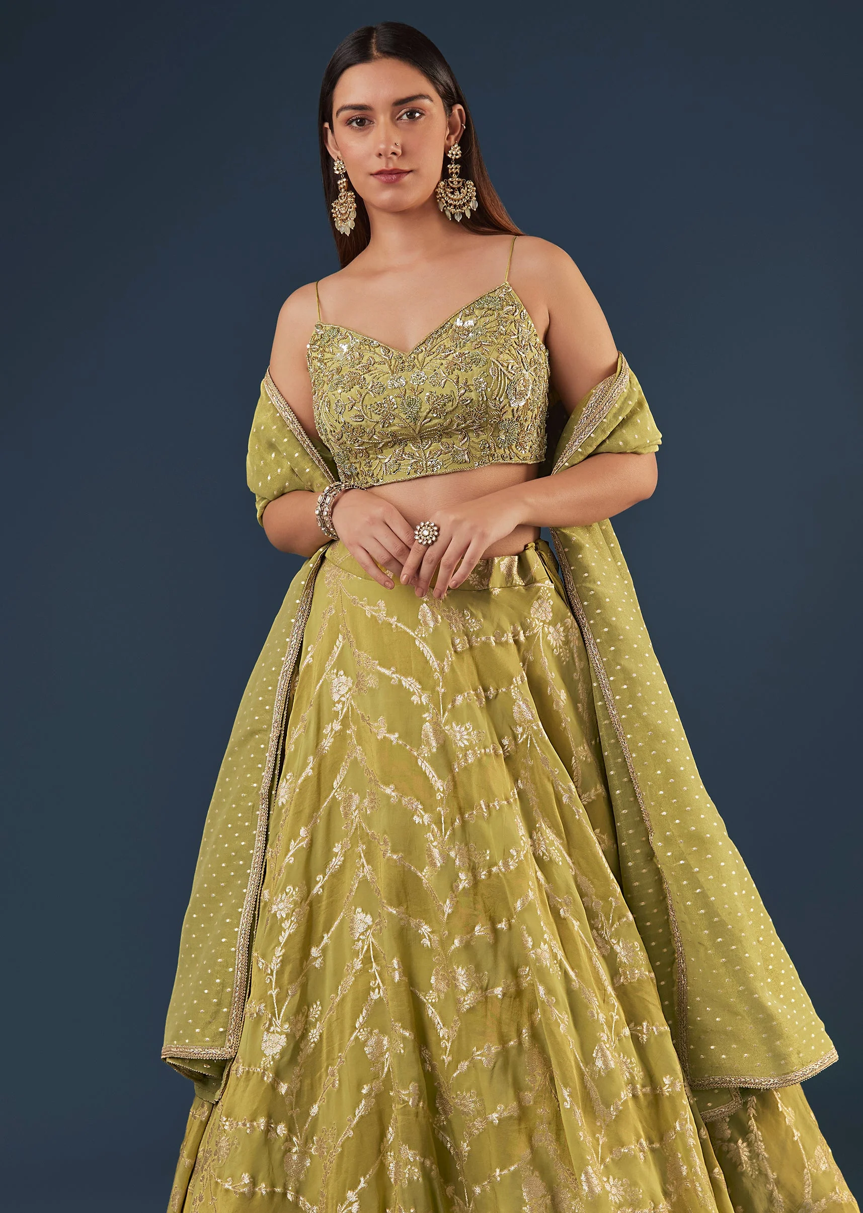 Pista Green Banarasi Silk Lehenga Set With Sequin Bead Detailing - Image 5