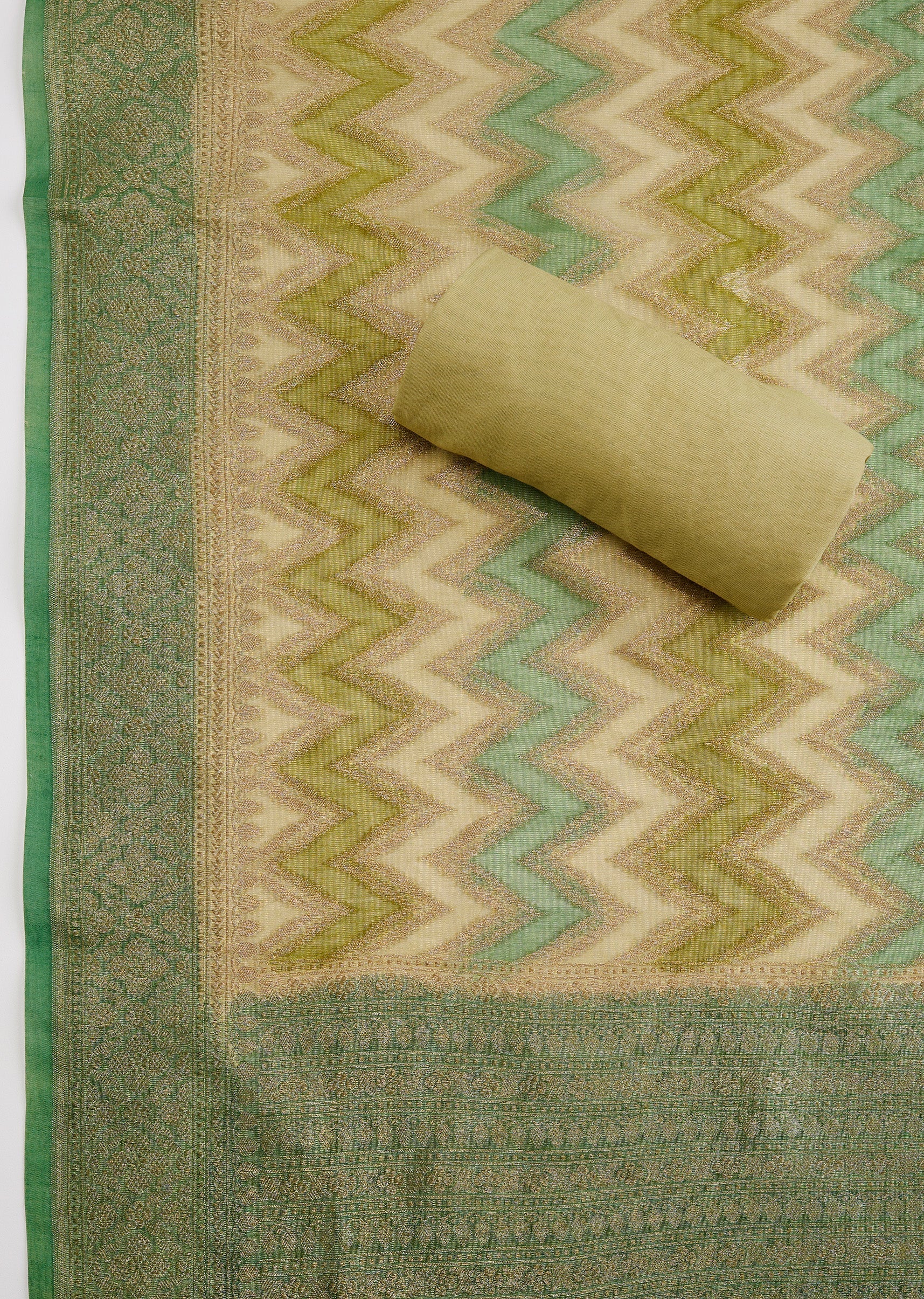 Pista Green Banarasi Silk Unstitched Suit Set With Dupatta - Image 4