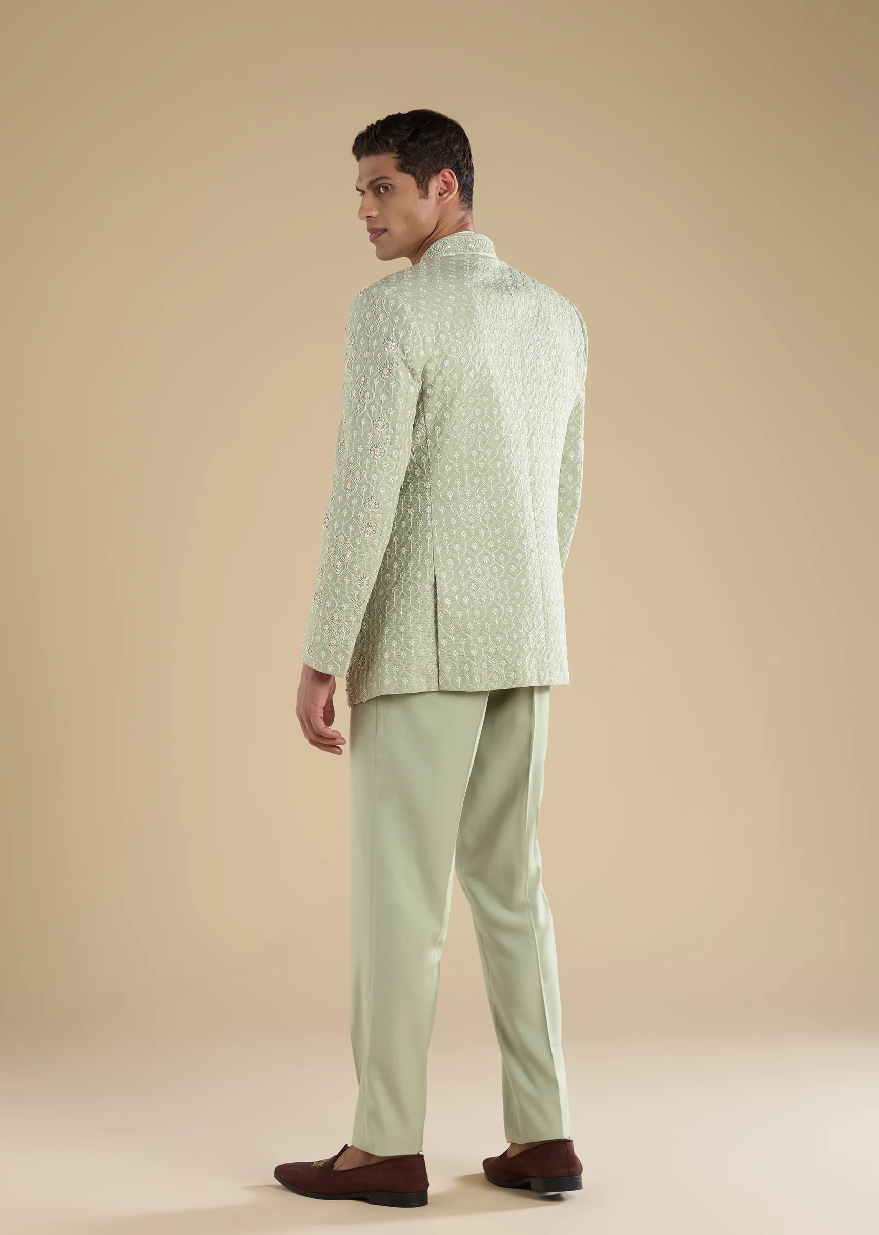 Pista Green Celebration Duo – Embellished Lehenga For Her And Jodhpuri Set For Him - Image 10