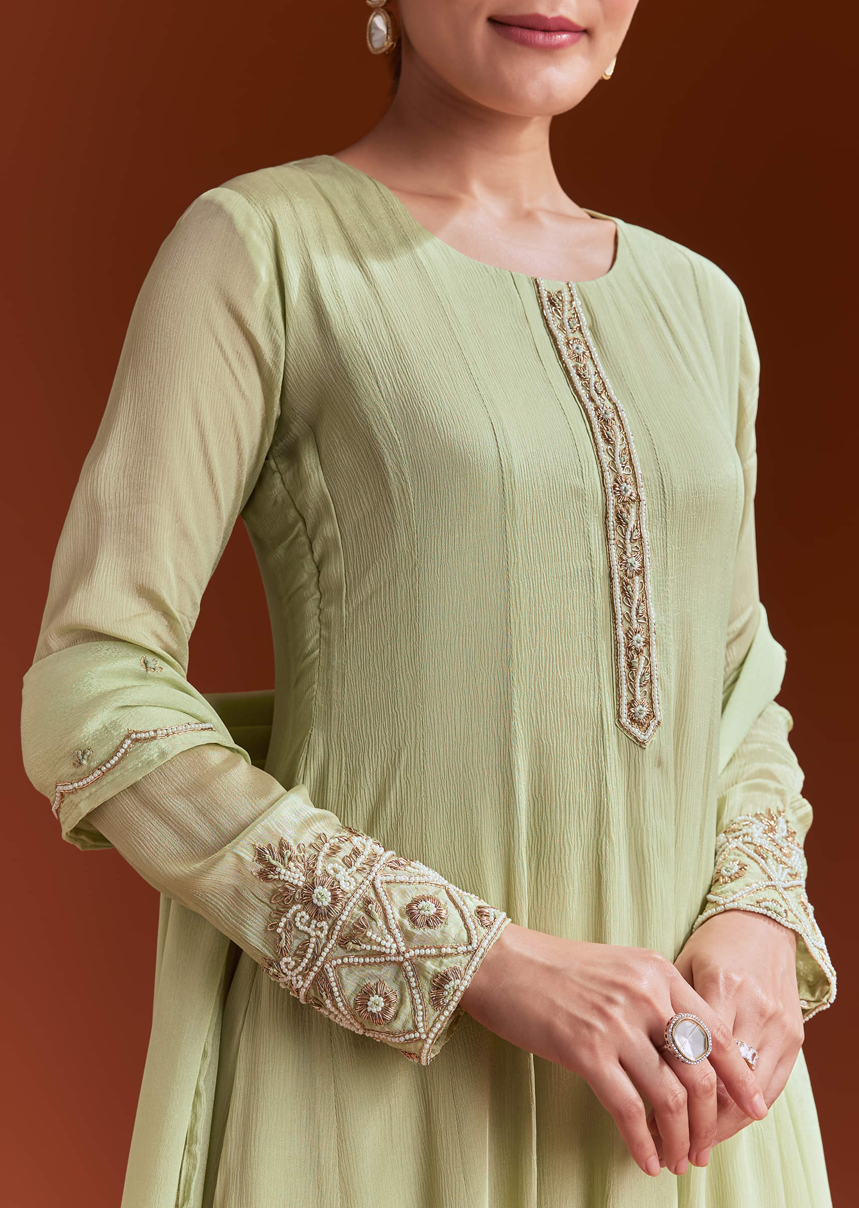 Pista Green Chinon Anarkali Suit With Beads And Stone Work - Image 3