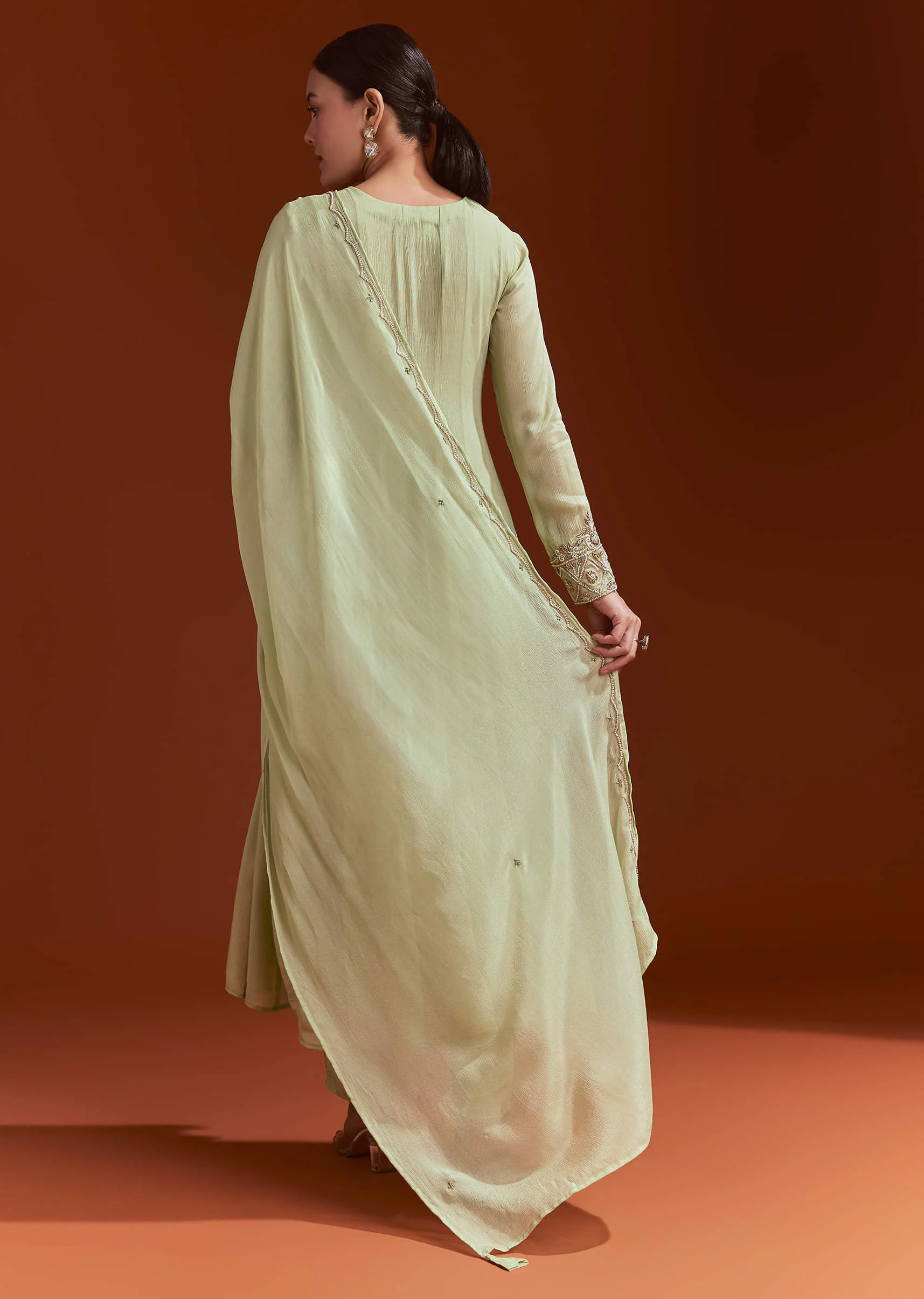 Pista Green Chinon Anarkali Suit With Beads And Stone Work - Image 5