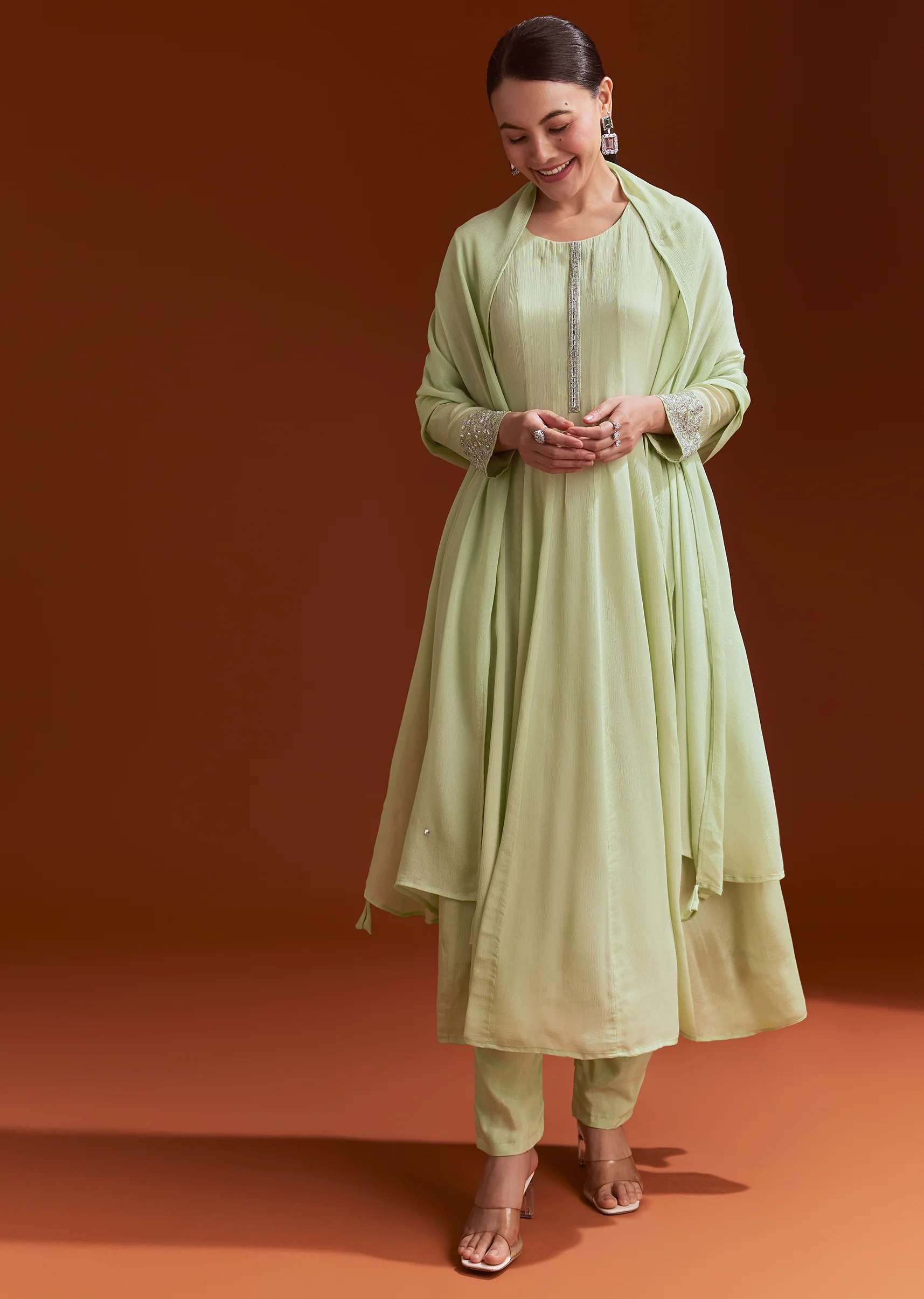 Pista Green Chinon Beaded Stone Work Anarkali Suit - Image 4