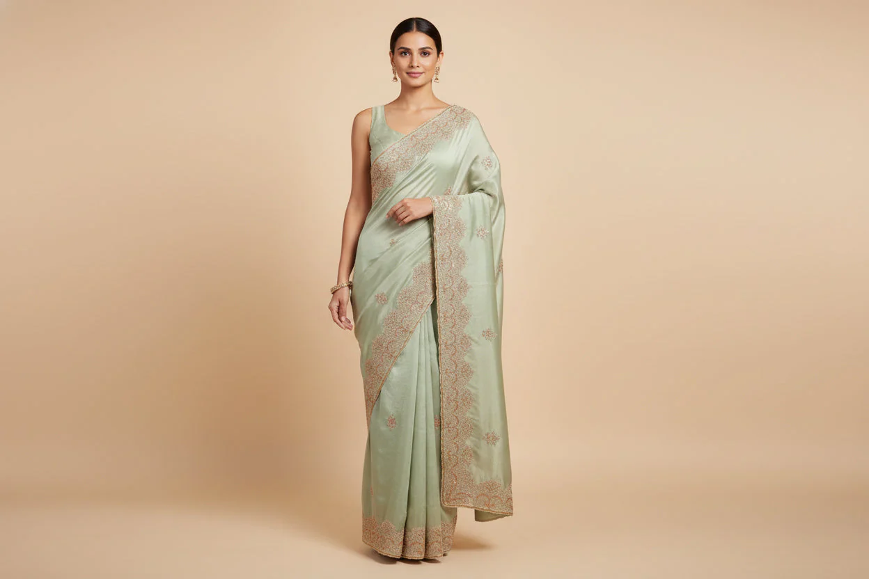 Pista Green Crisp Embroidered Saree