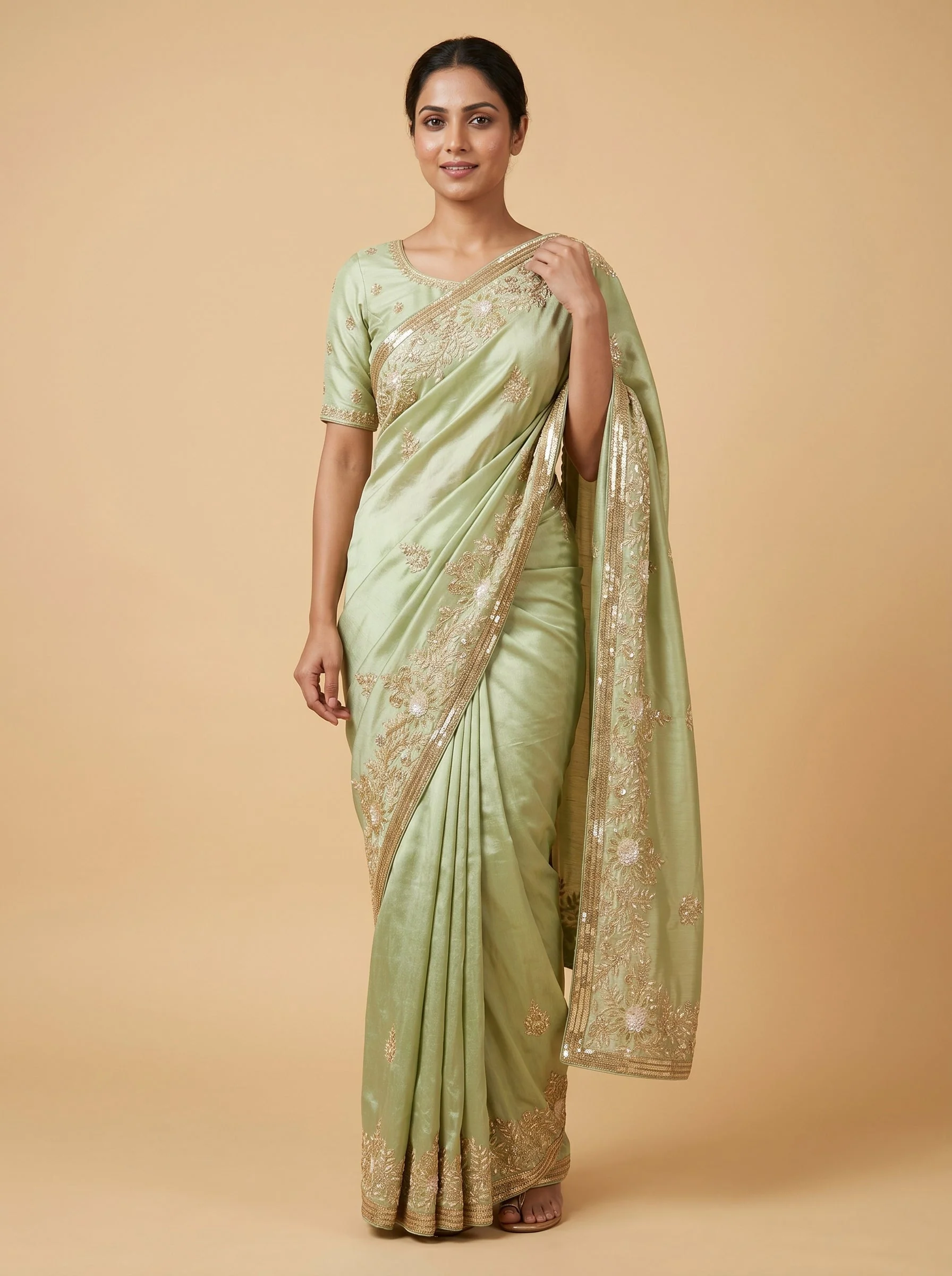 Pista Green Dewdrop Embroidered Saree