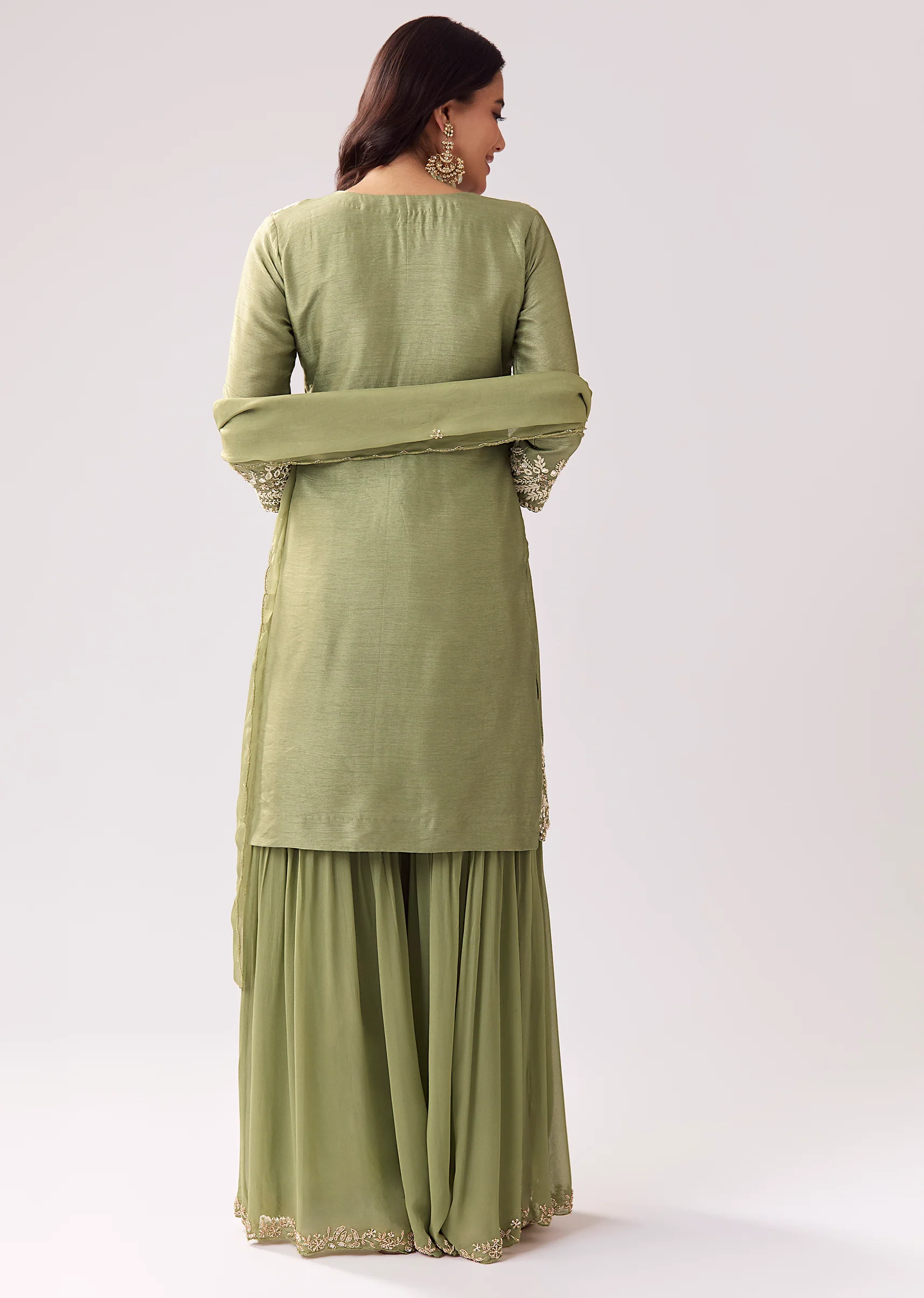 Pista Green Eid Pairing – Mirror Work Sharara Set For Her And Olive Silk Embellished Kurta Set For Him - Image 5