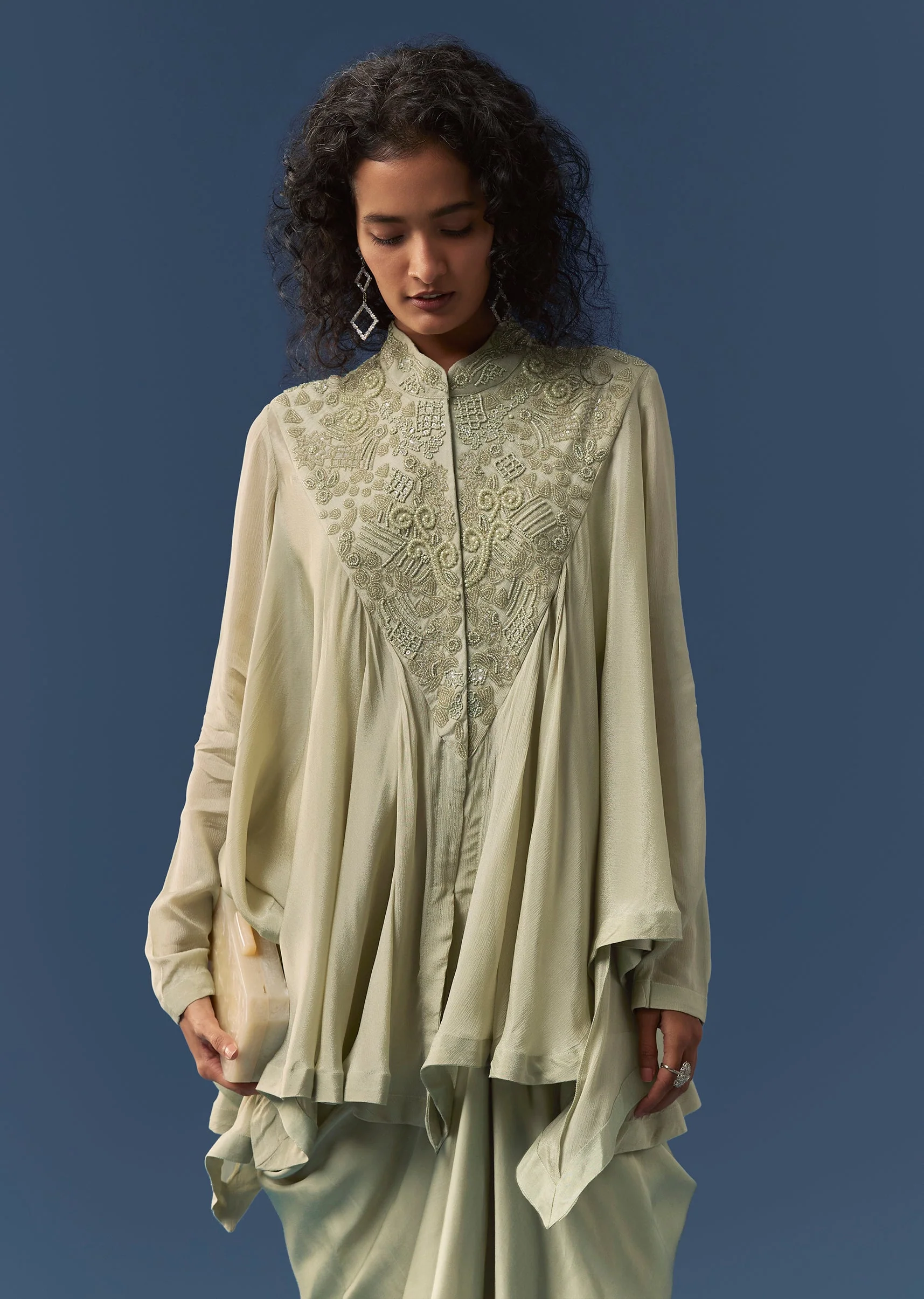 Pista Green Embellished Cape Style Top and Skirt Set