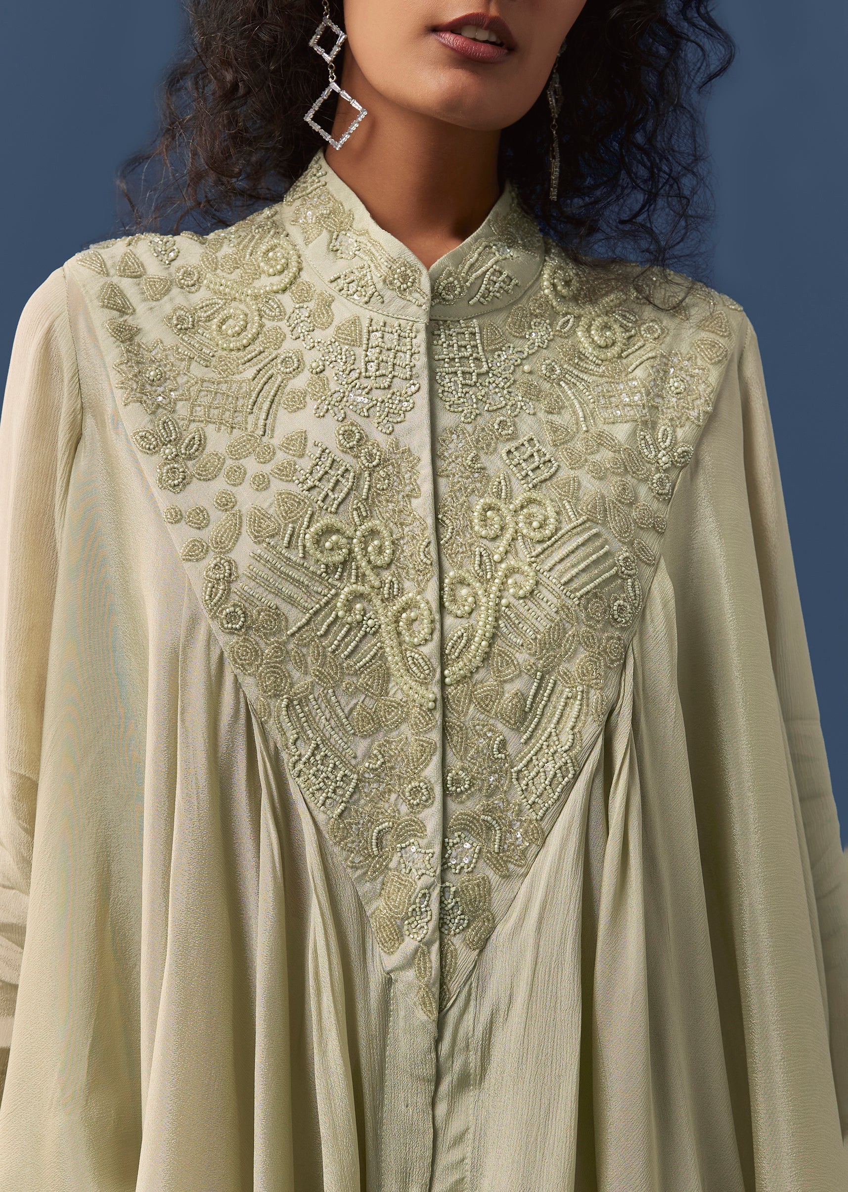 Pista Green Embellished Cape Style Top and Skirt Set - Image 3
