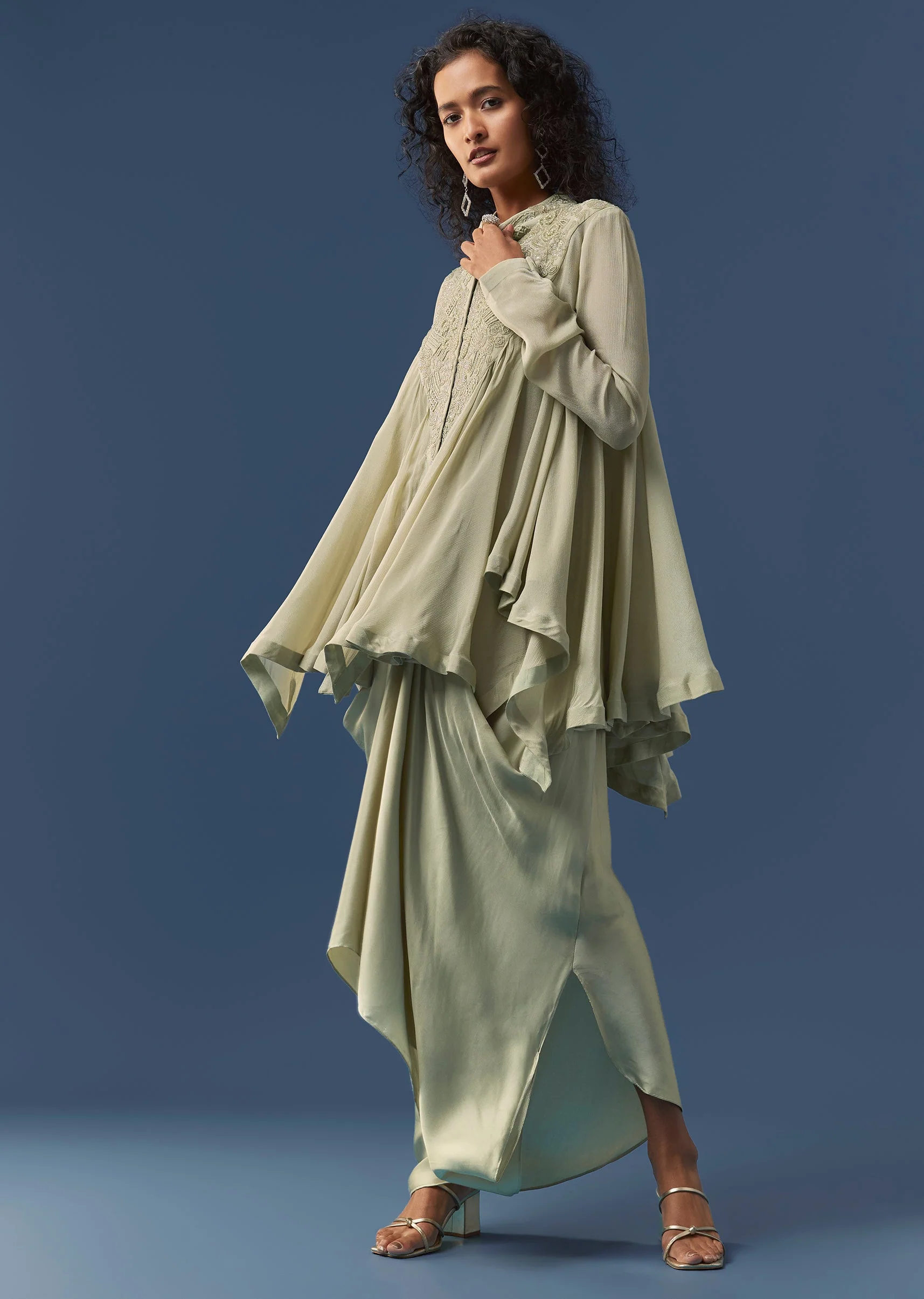 Pista Green Embellished Cape Style Top and Skirt Set - Image 4