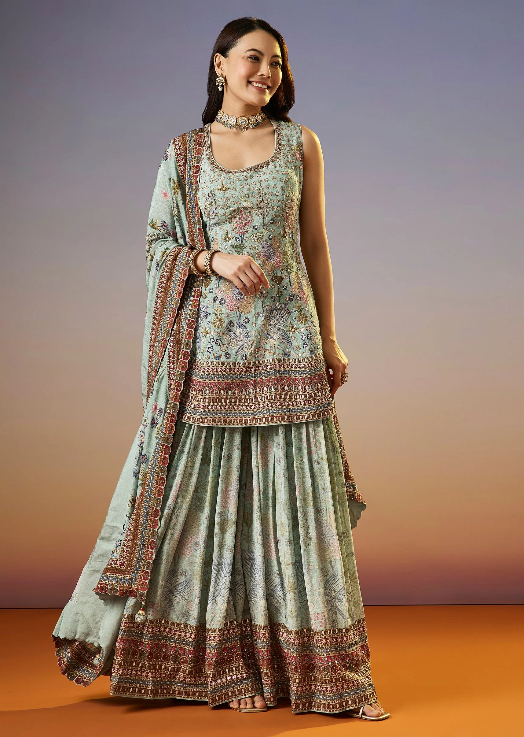 Pista Green Floral Printed Crepe Palazzo Suit With Dupatta - Image 3