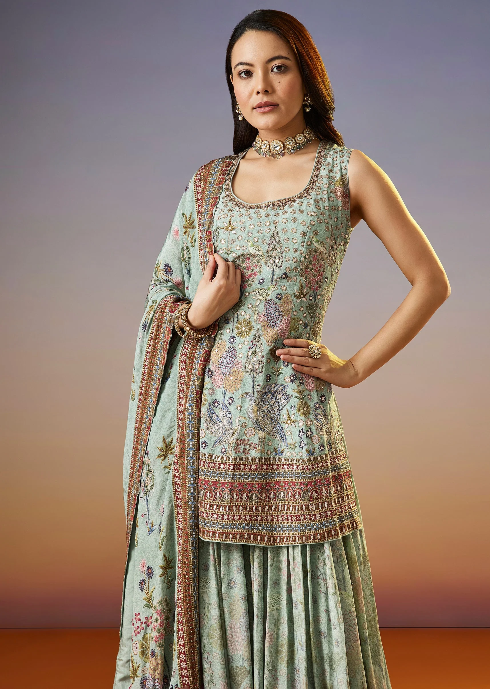 Pista Green Floral Printed Crepe Palazzo Suit With Dupatta - Image 4