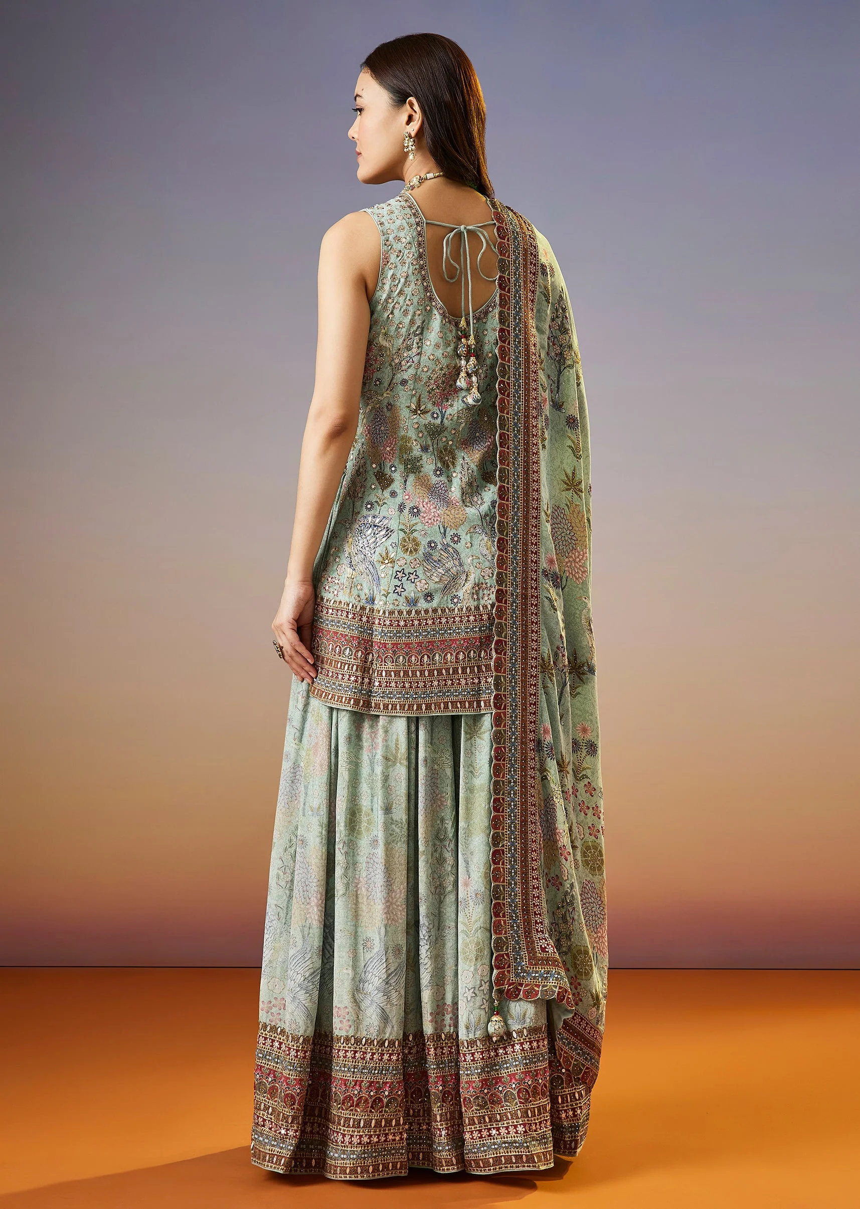 Pista Green Floral Printed Crepe Palazzo Suit With Dupatta - Image 5