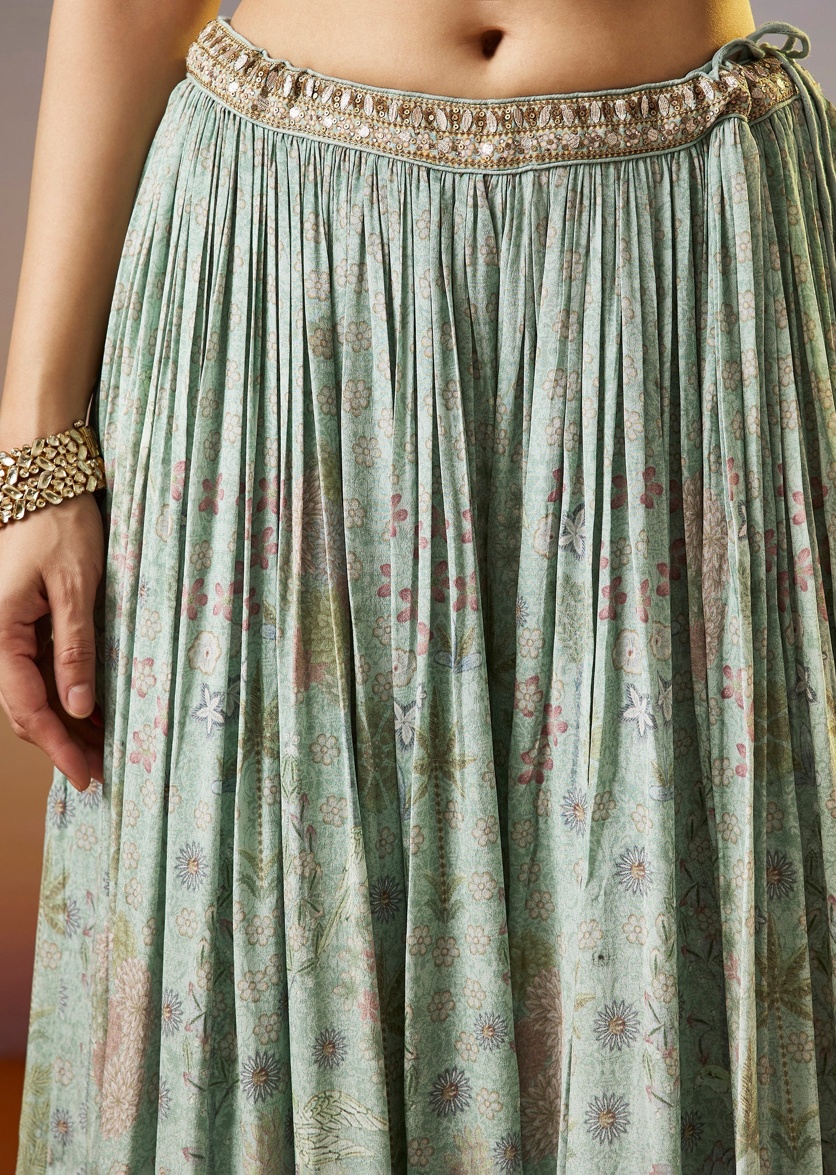 Pista Green Floral Printed Crepe Palazzo Suit With Dupatta - Image 6