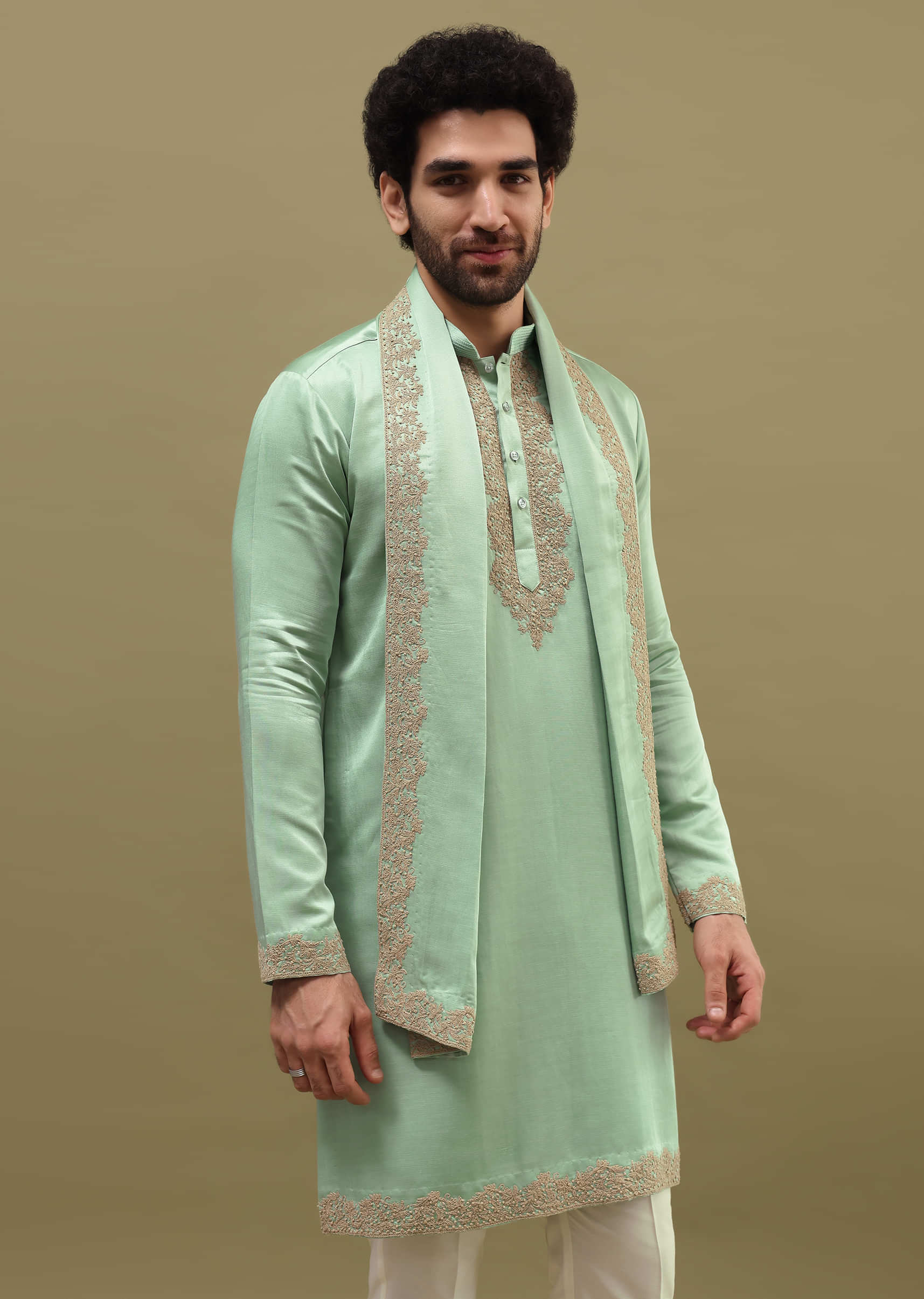 Pista Green Kurta Set In Resham Work With Dupatta For Men - Image 2