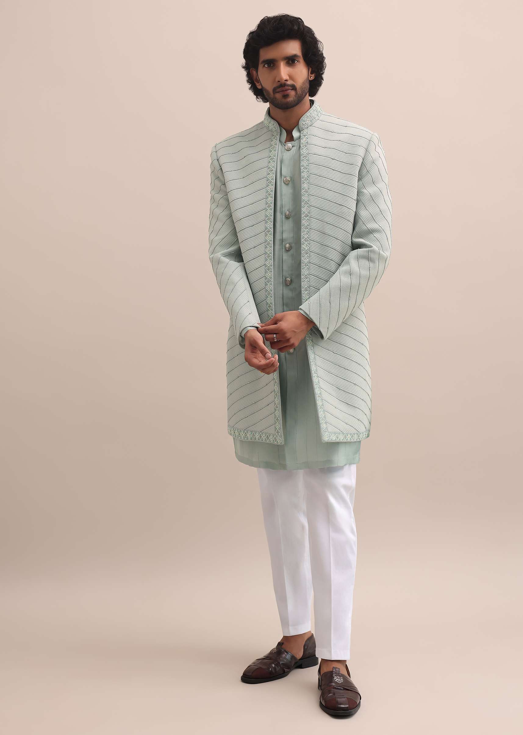 Pista Green Moti Embroidered Indowestern For Men - Image 4