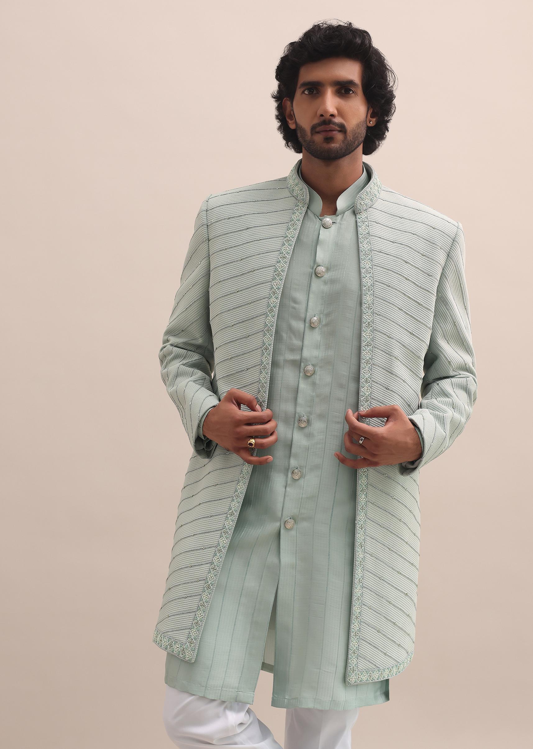 Pista Green Moti Embroidered Indowestern For Men - Image 5