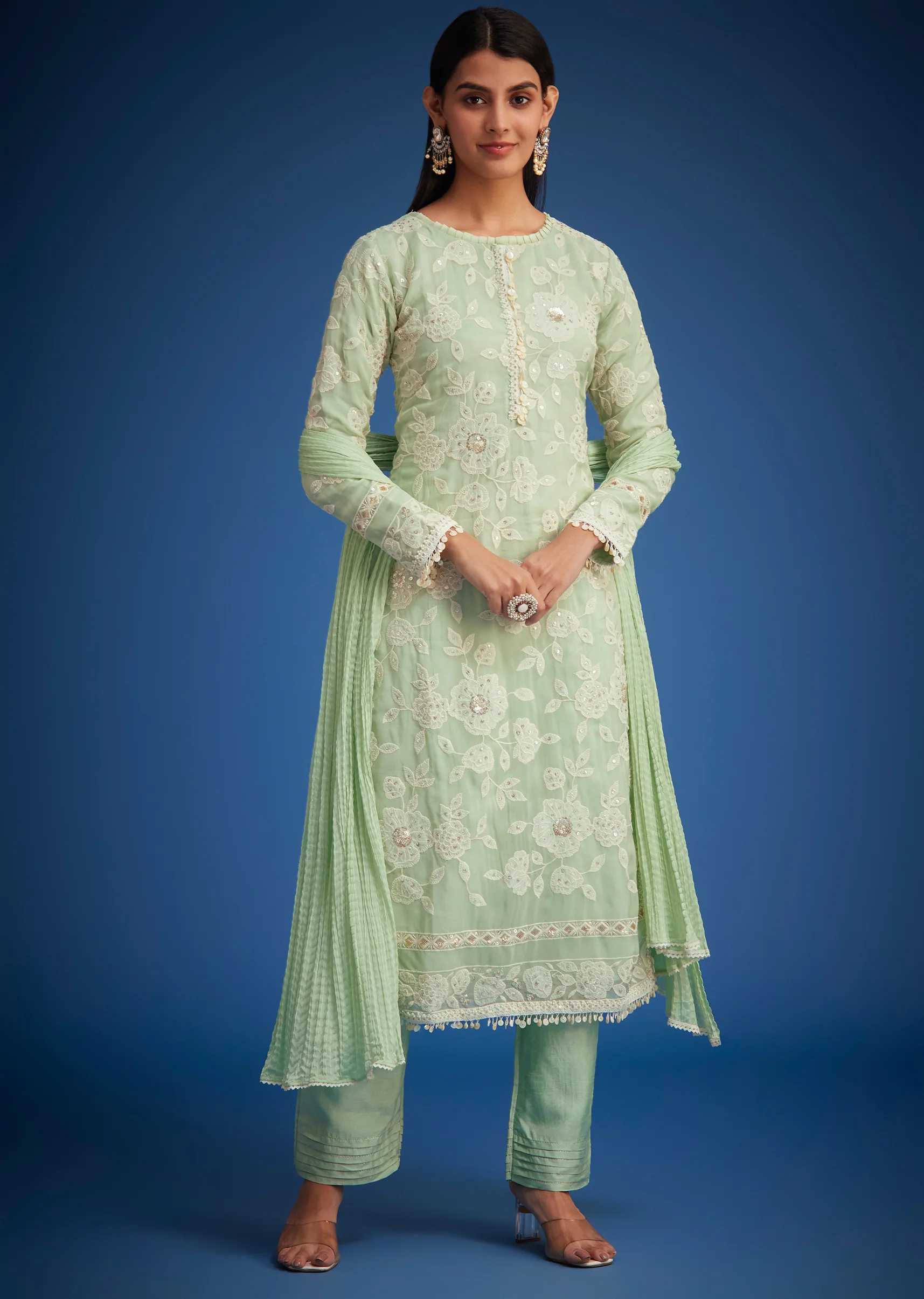 Pista Green Organza Embroidered Straight Kurta Set - Image 3