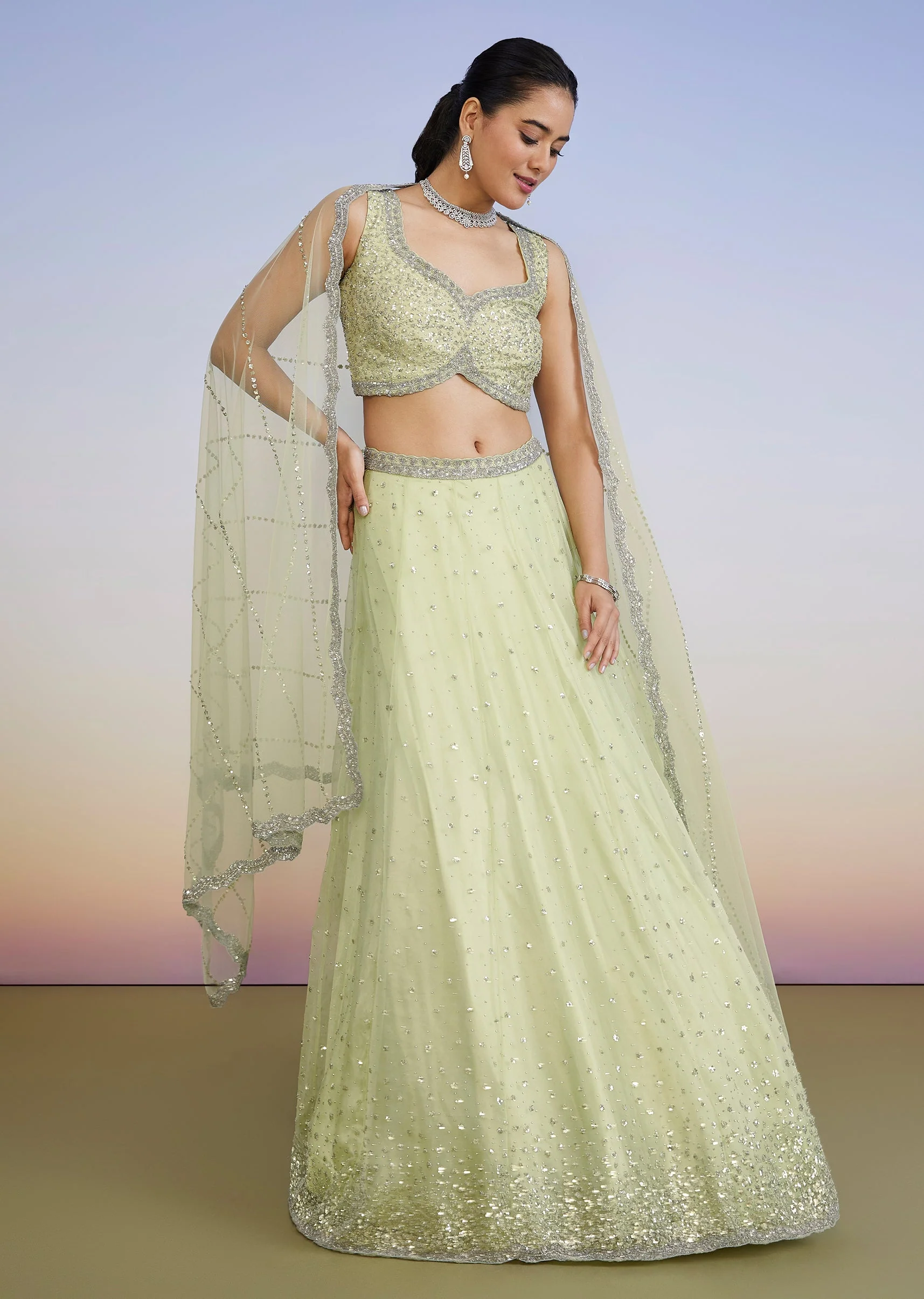 Pista Green Pastel Lehenga With Sequin Sweetheart Choli And Dupatta - Image 4