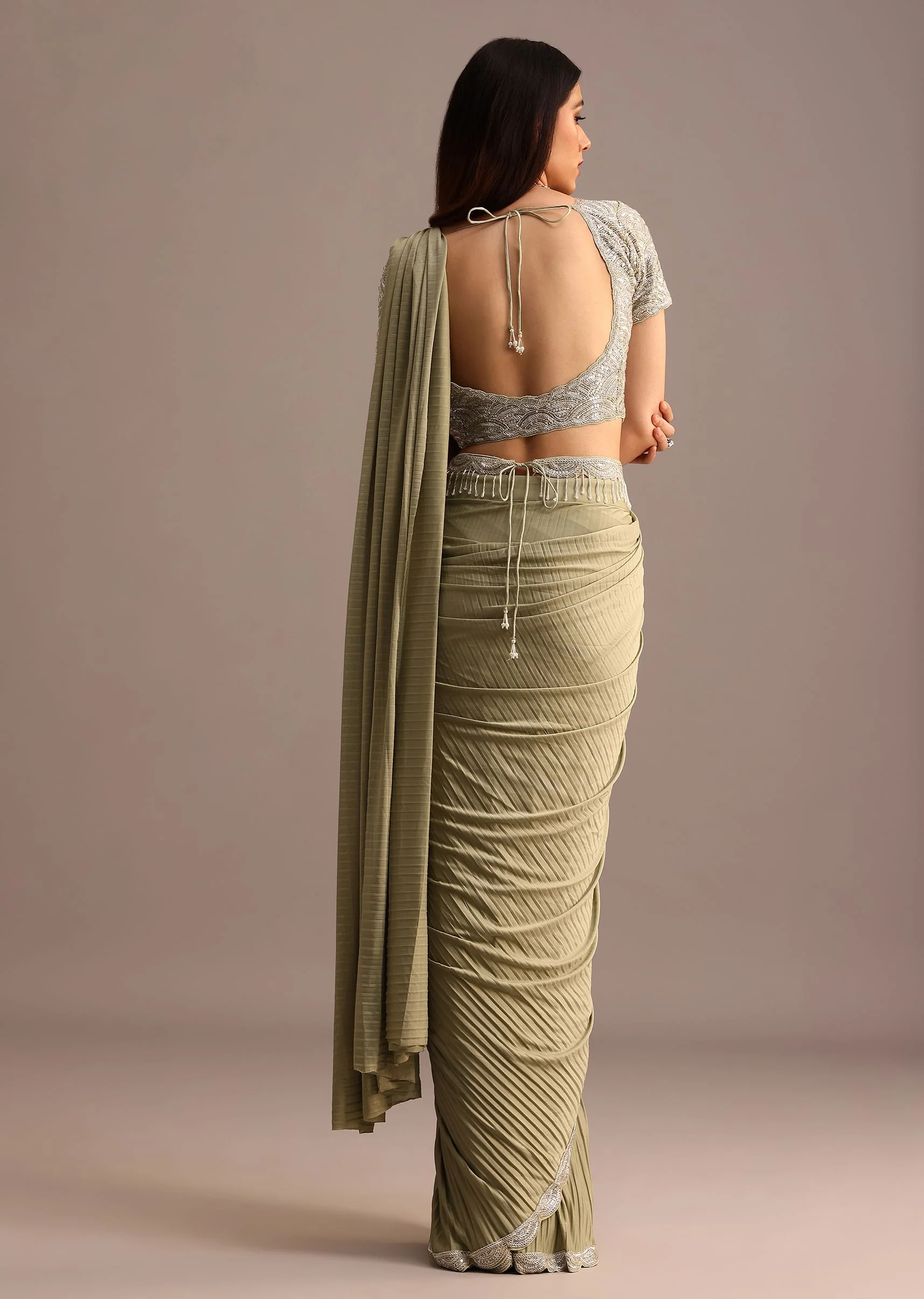 Pista Green Pre Draped Saree With Embroidered Blouse And Belt - Image 6