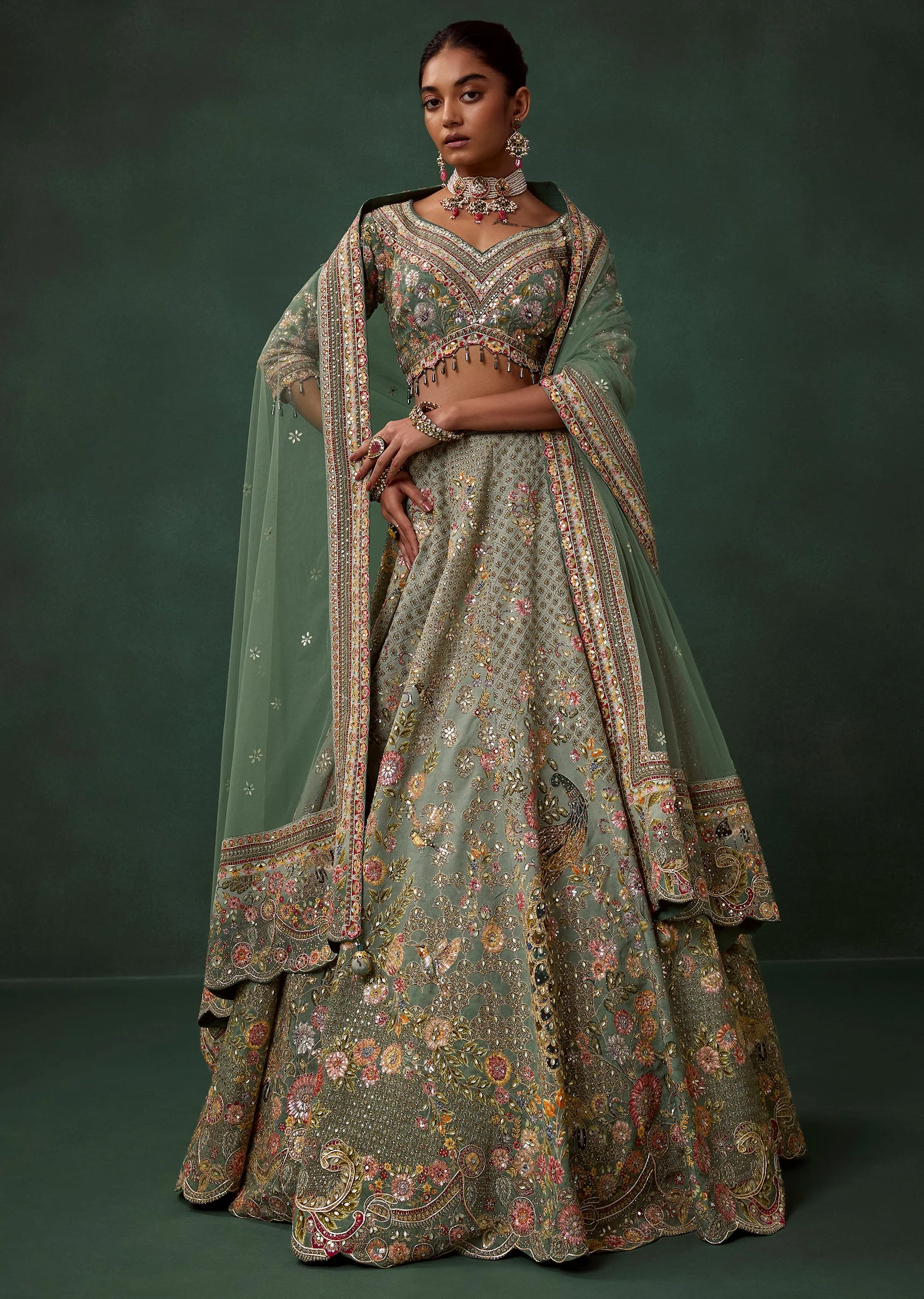 Pista Green Printed Georgette Kali Bridal Lehenga Set with Embroidery