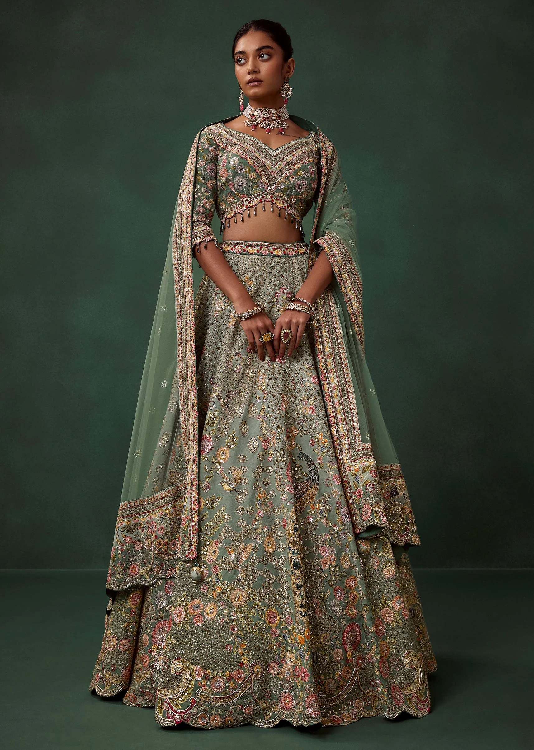 Pista Green Printed Georgette Kali Bridal Lehenga Set with Embroidery - Image 4