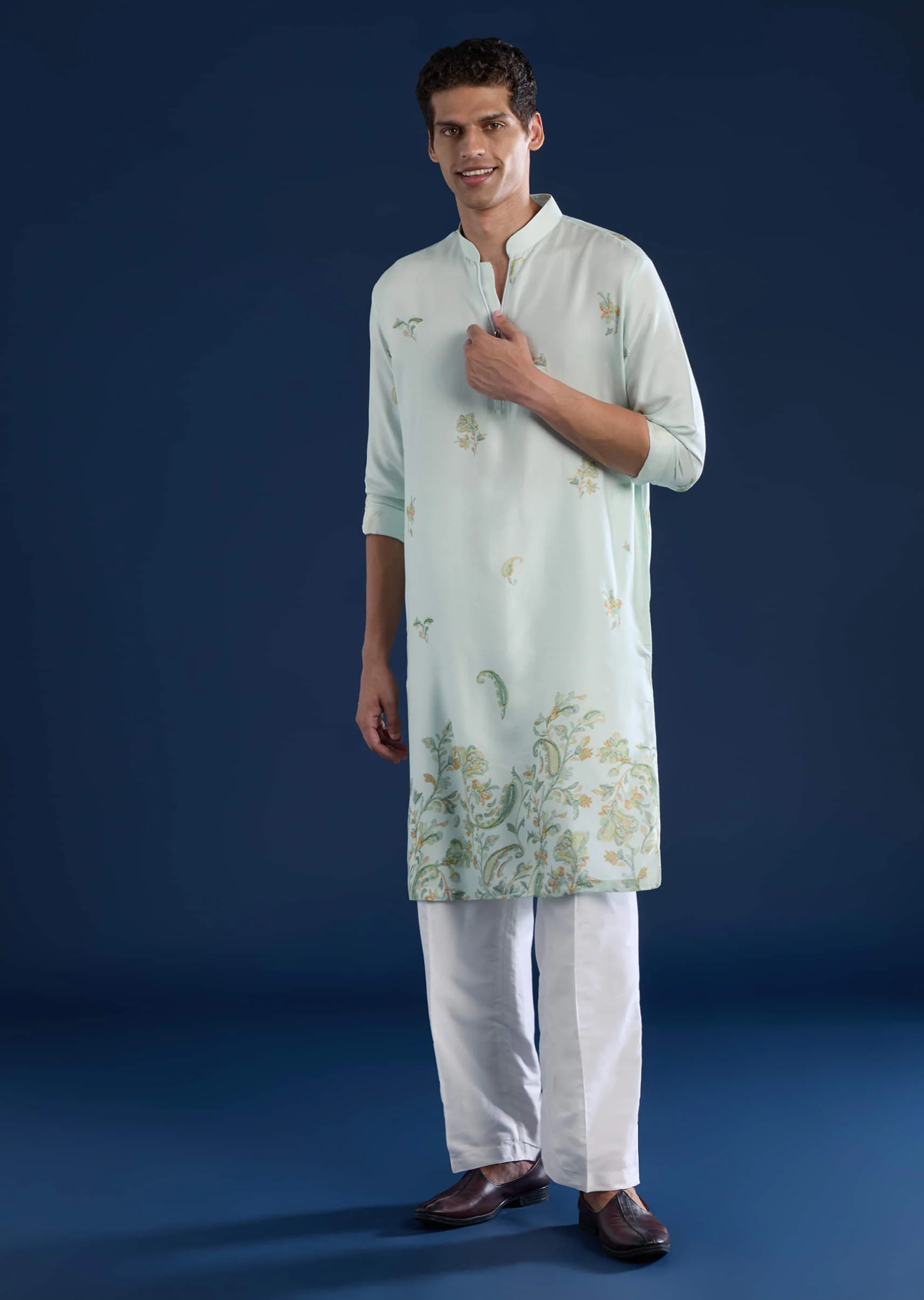 Pista Green Printed Mens Kurta and Pant Set - Image 3