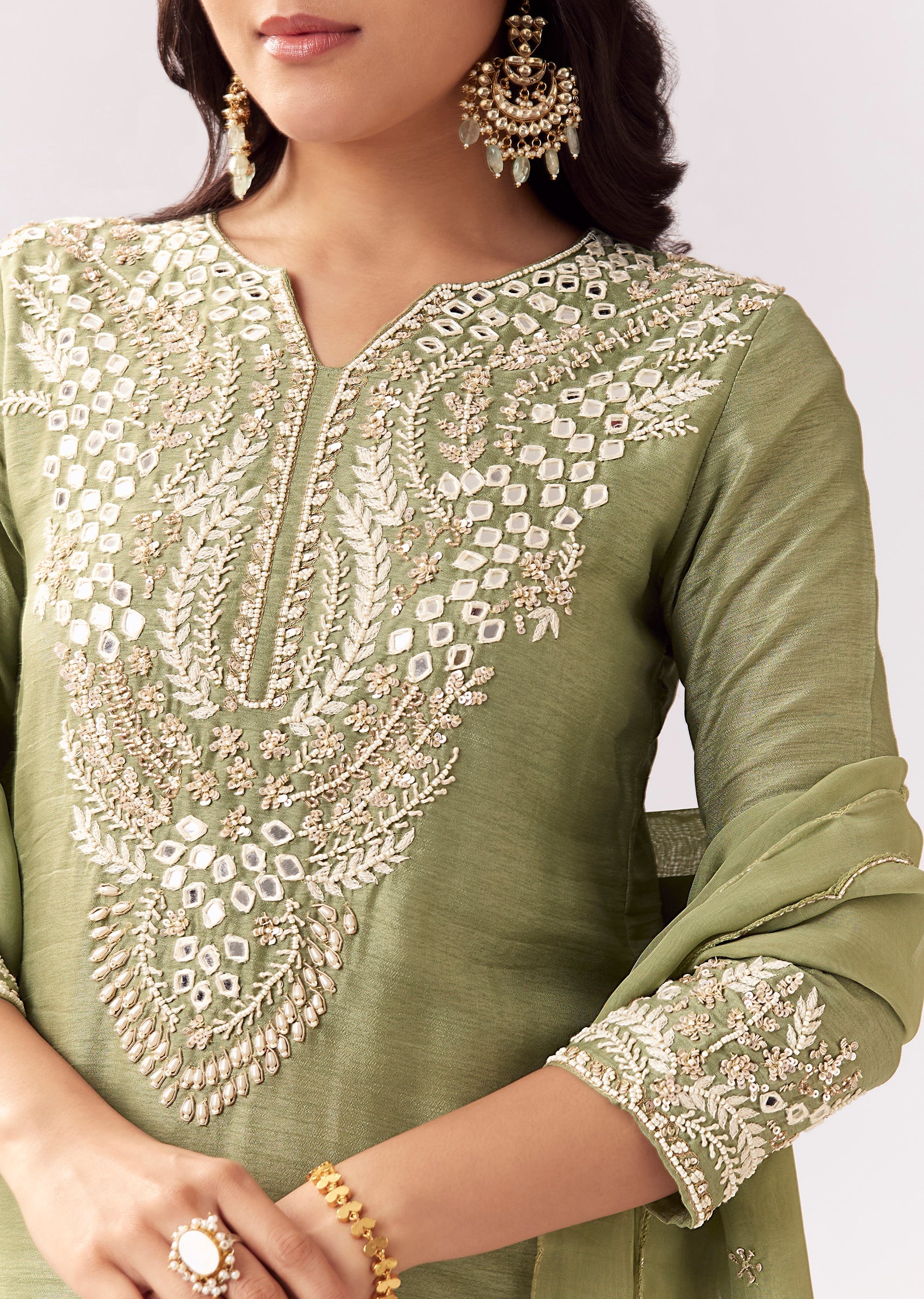 Pista Green Sharara Set With Mirror And Sequin Detailing - Image 2