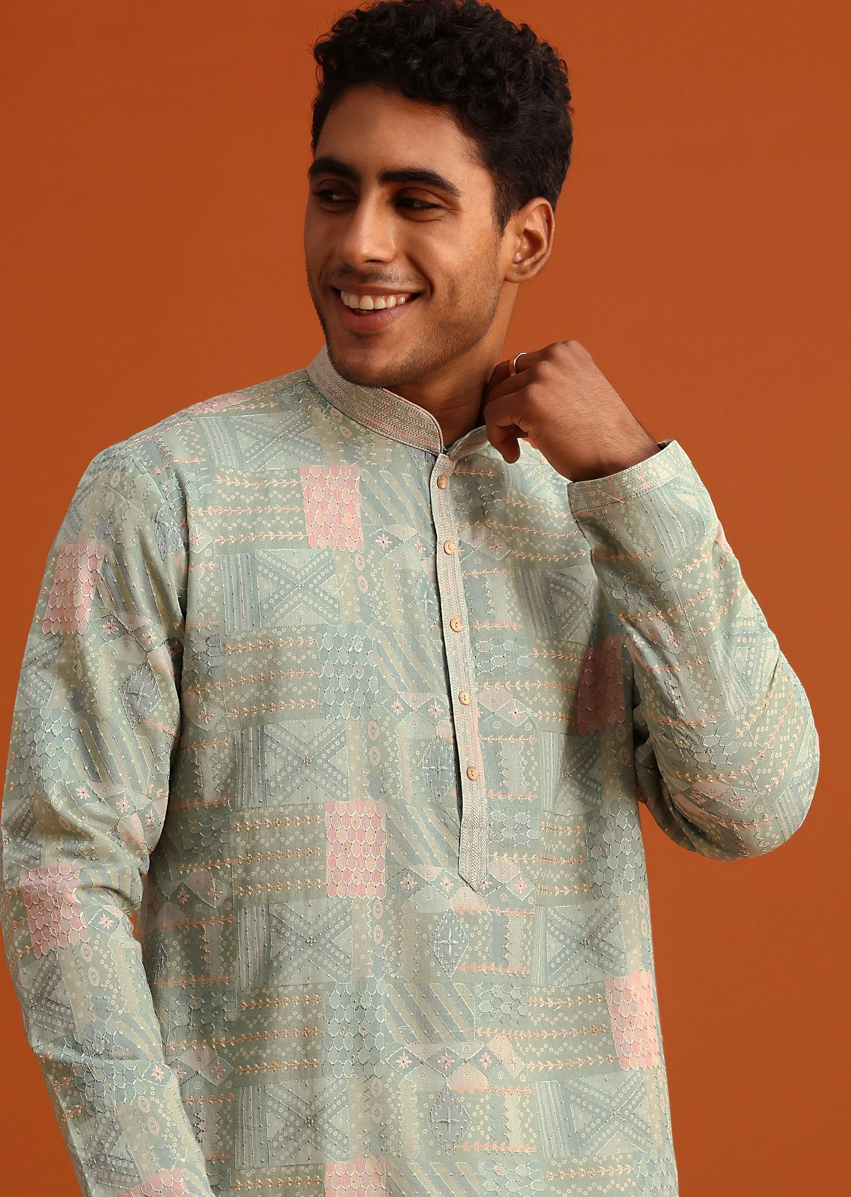 Pista Green Silk Kurta Set With Printed Detail - Image 3