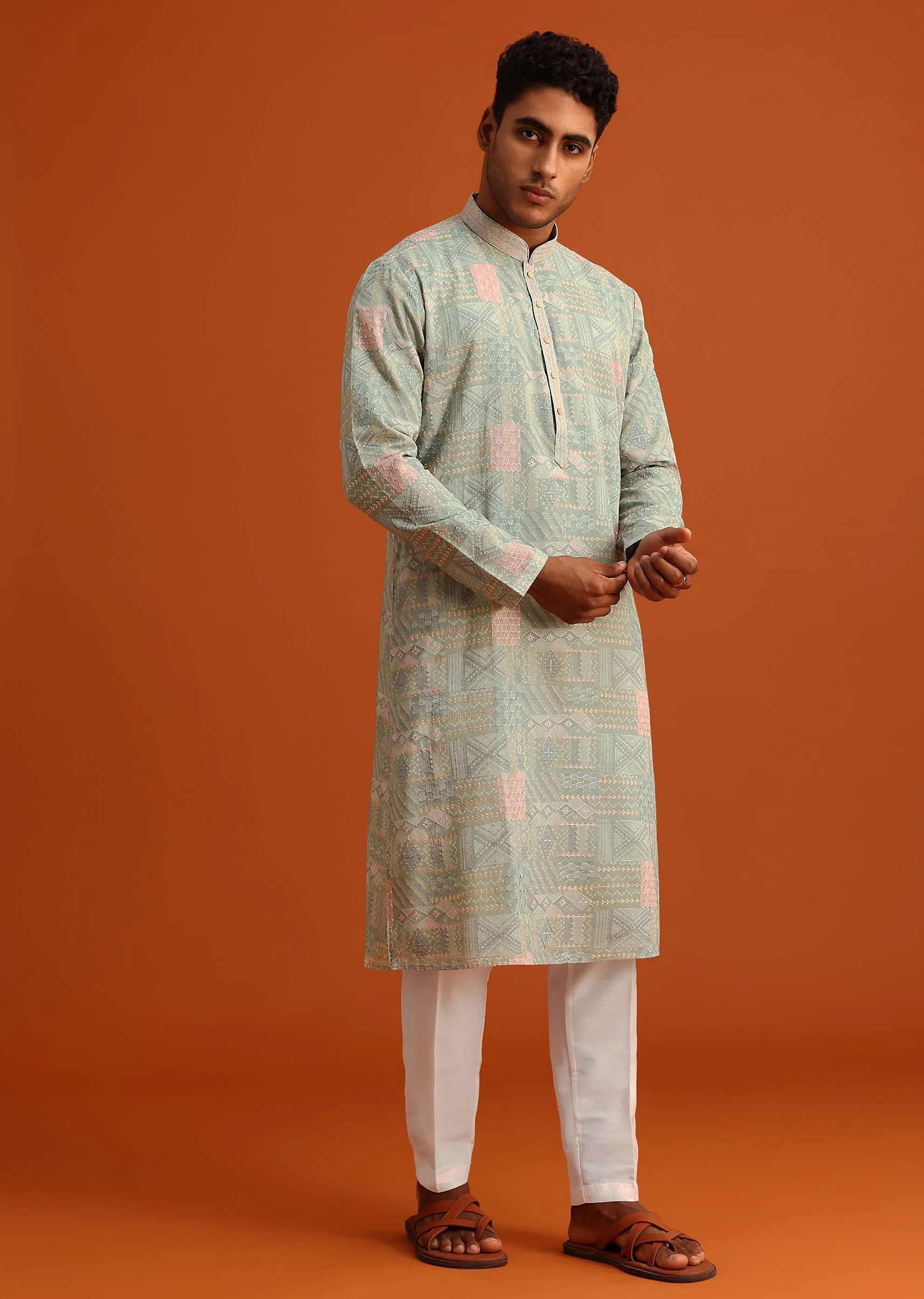 Pista Green Silk Kurta Set With Printed Detail - Image 5