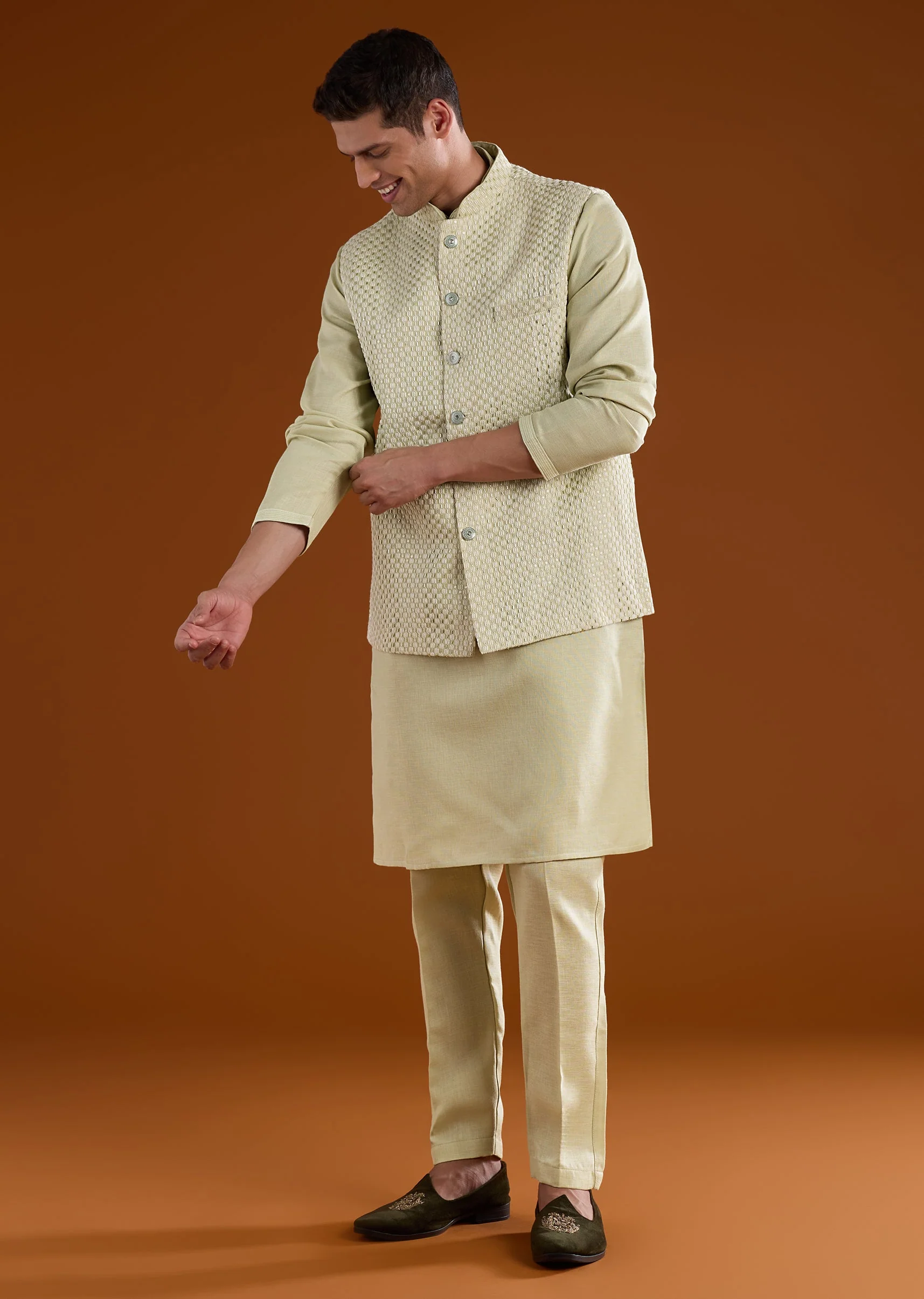 Pista Green Silk Mens Kurta Jacket Set With Thread Bead And Metal Work