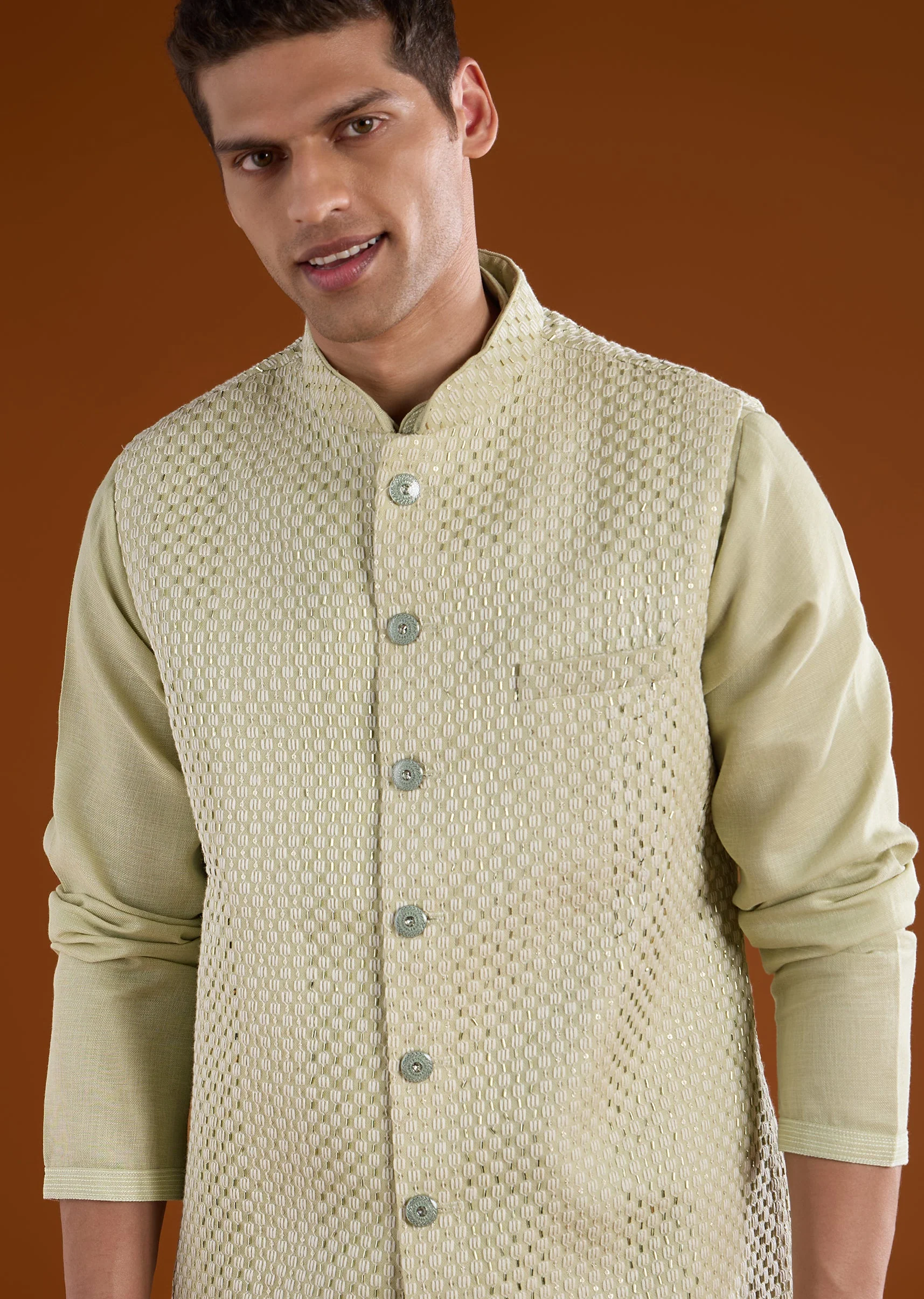 Pista Green Silk Mens Kurta Jacket Set With Thread Bead And Metal Work - Image 2
