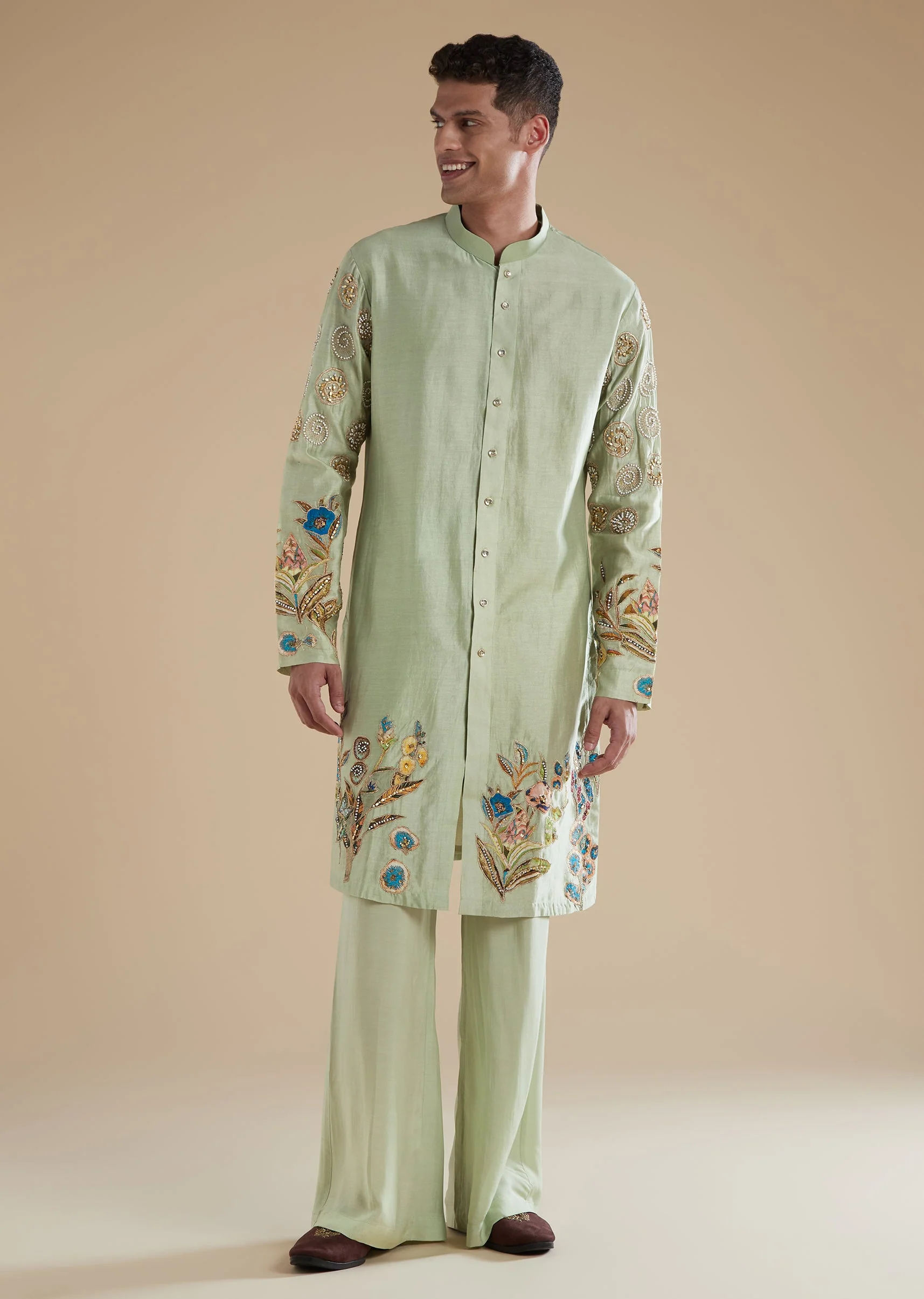 Pista Green Silk Mens Kurta Set with Moti Thread Resham Detail Work - Image 5