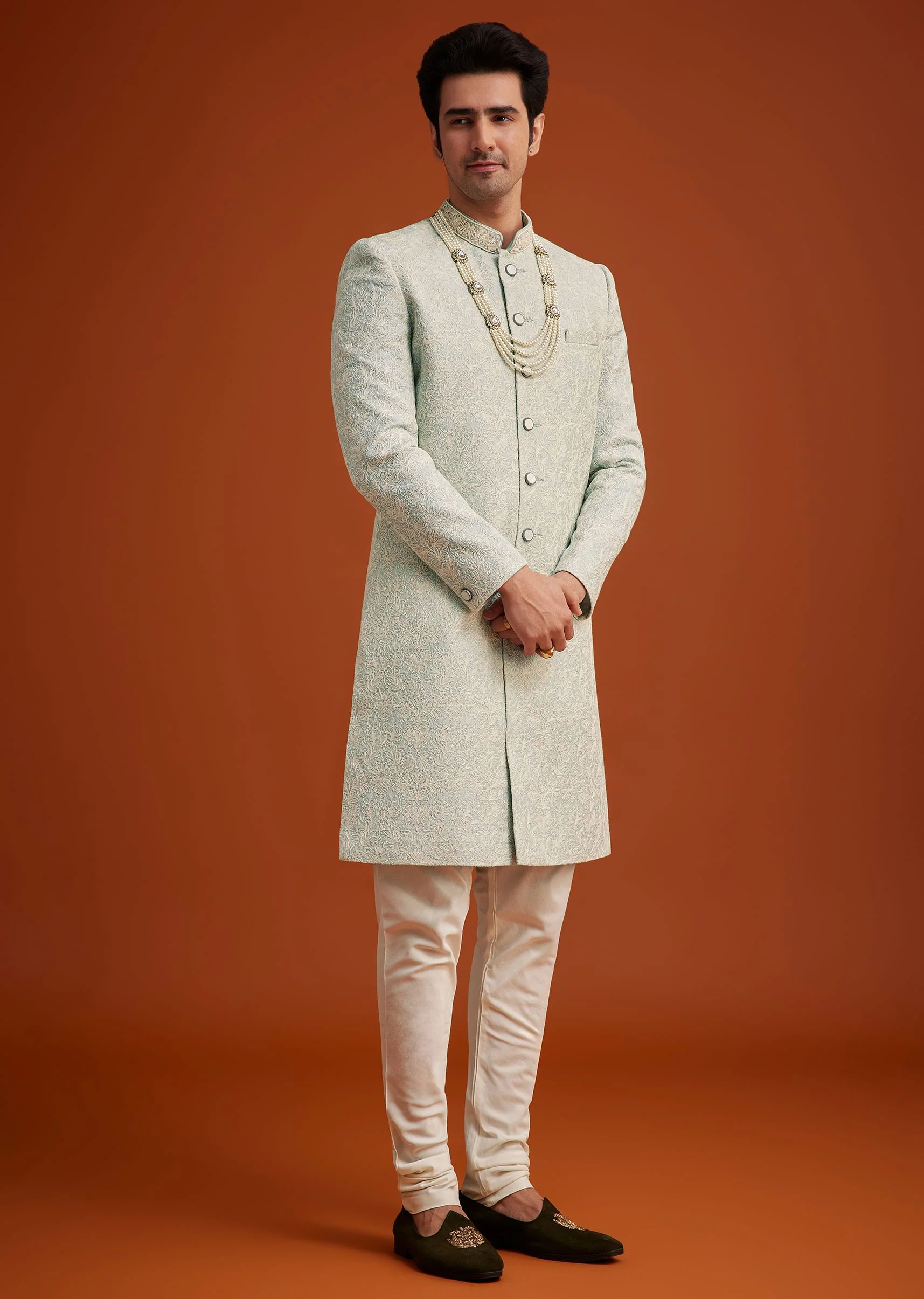 Pista Green Silk Sherwani Set With Beads Embroidery On Collar - Image 3