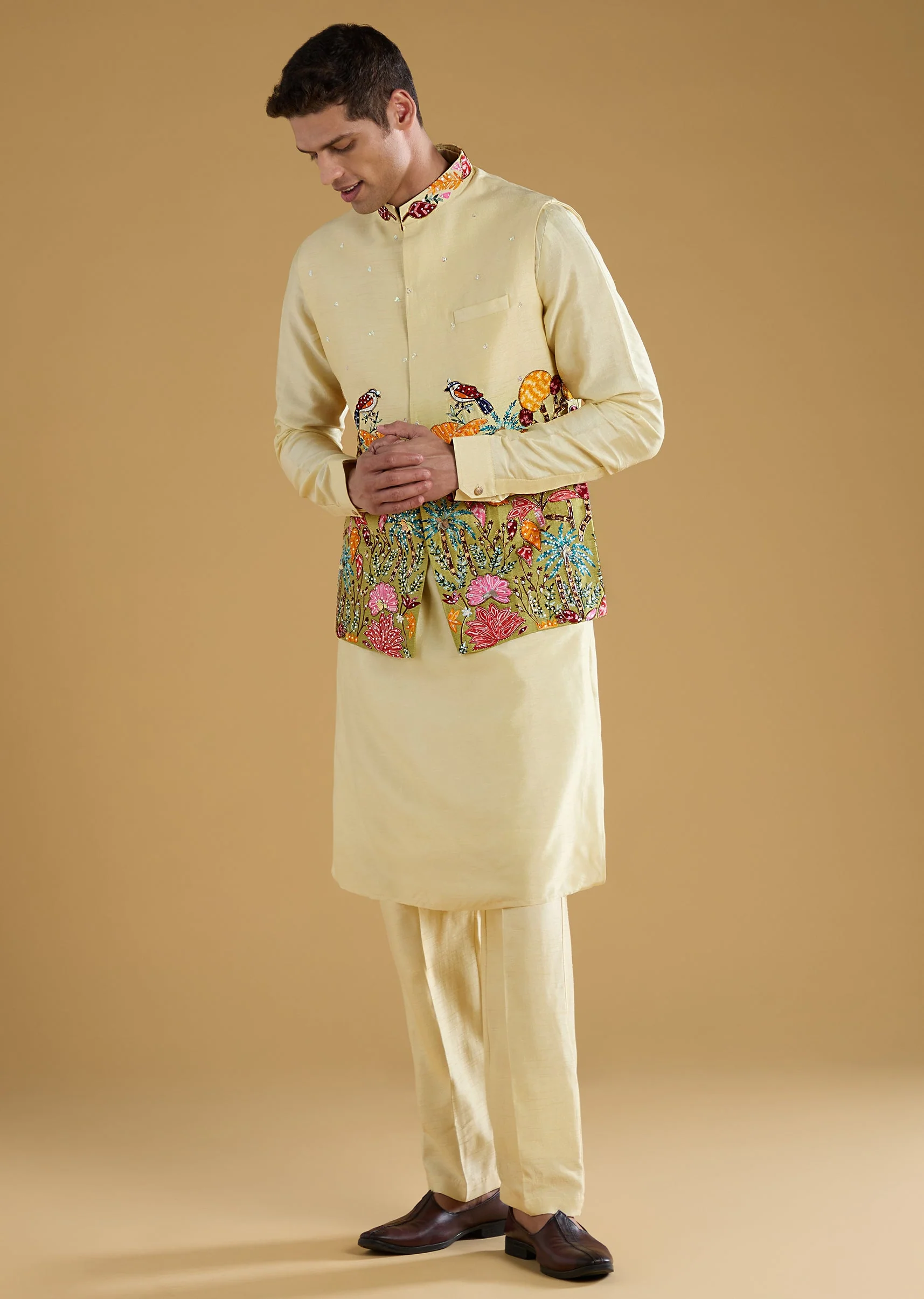 Pista Green Thread Embroidered Jacket and Kurta Set - Image 3
