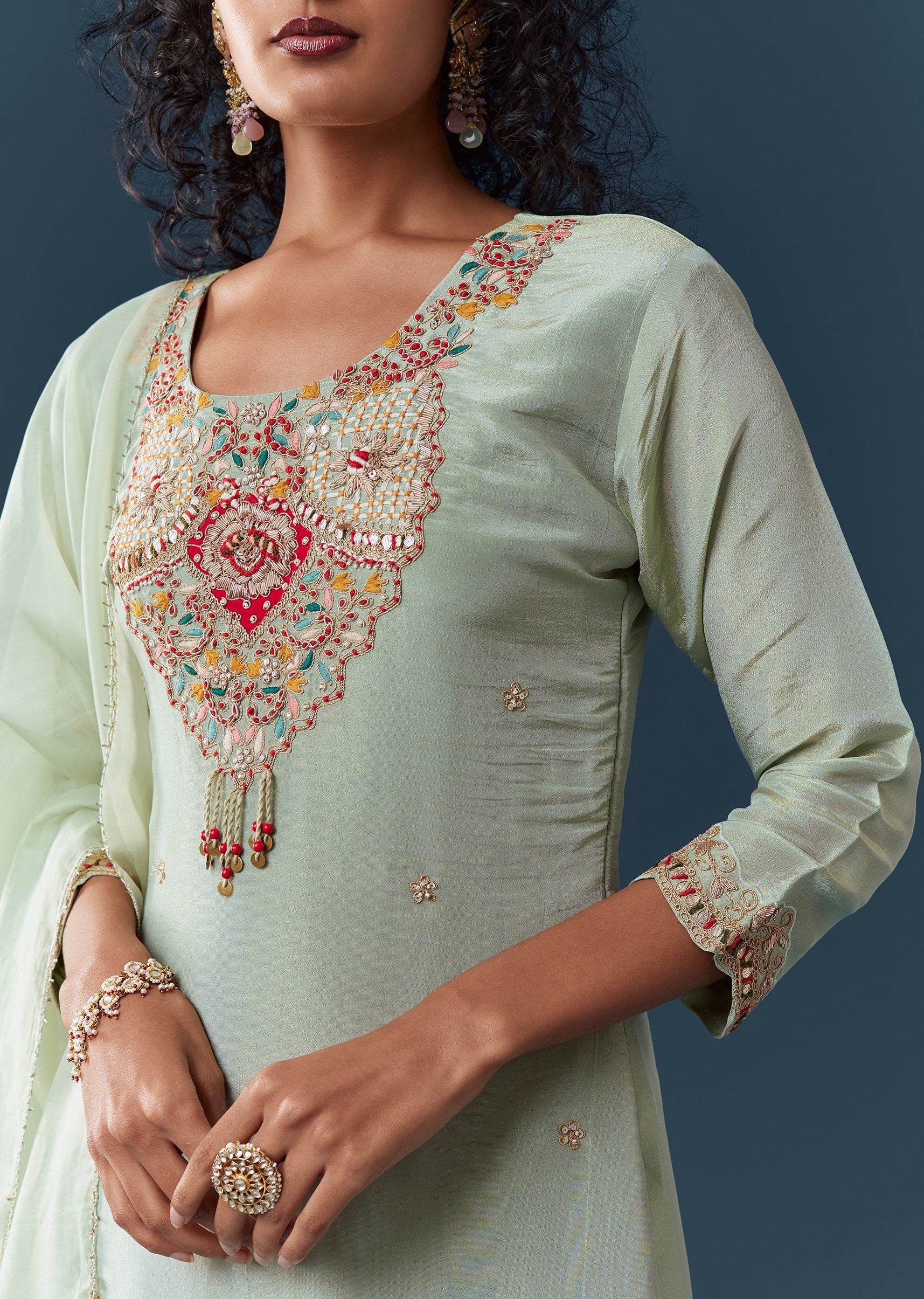 Pista Green Tissue Kurta Pant Set With Dupatta - Image 2