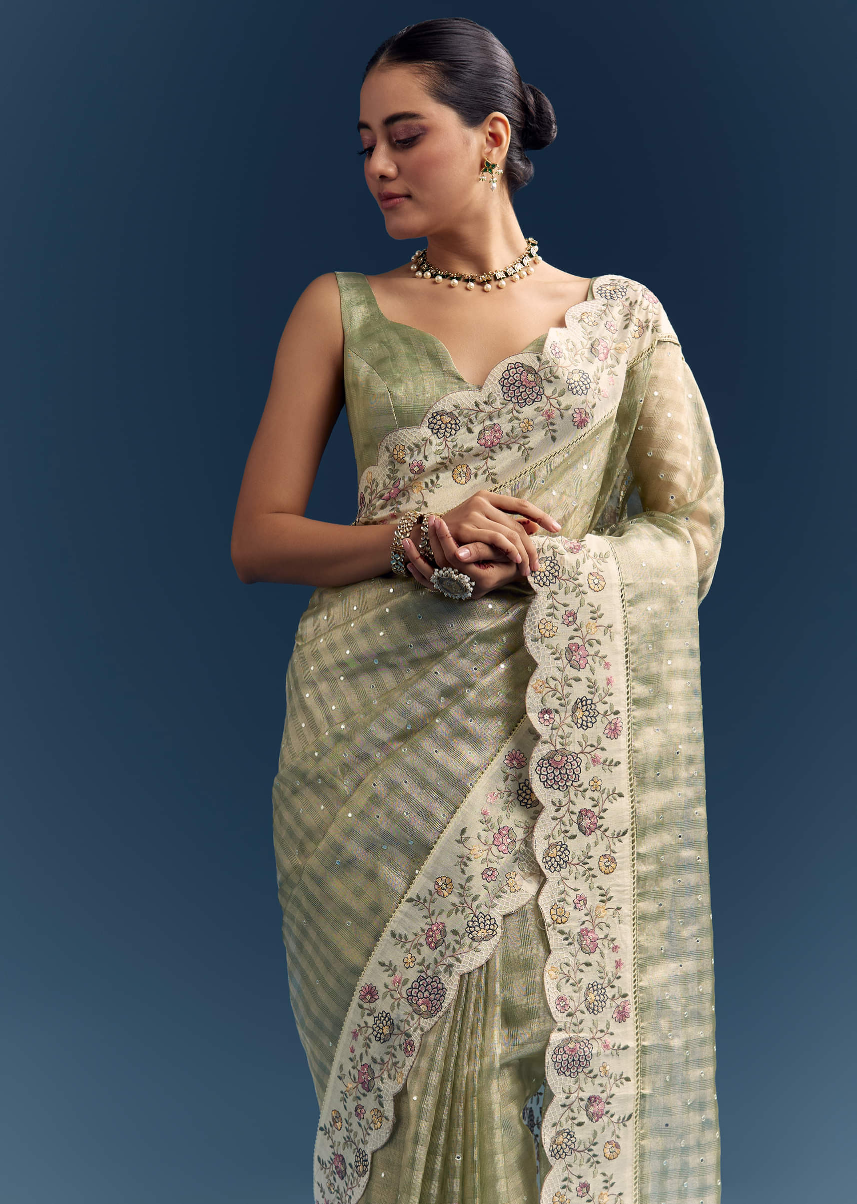 Pista Green Tissue Organza Woven Saree With Heavy Hand Embroidery - Image 5