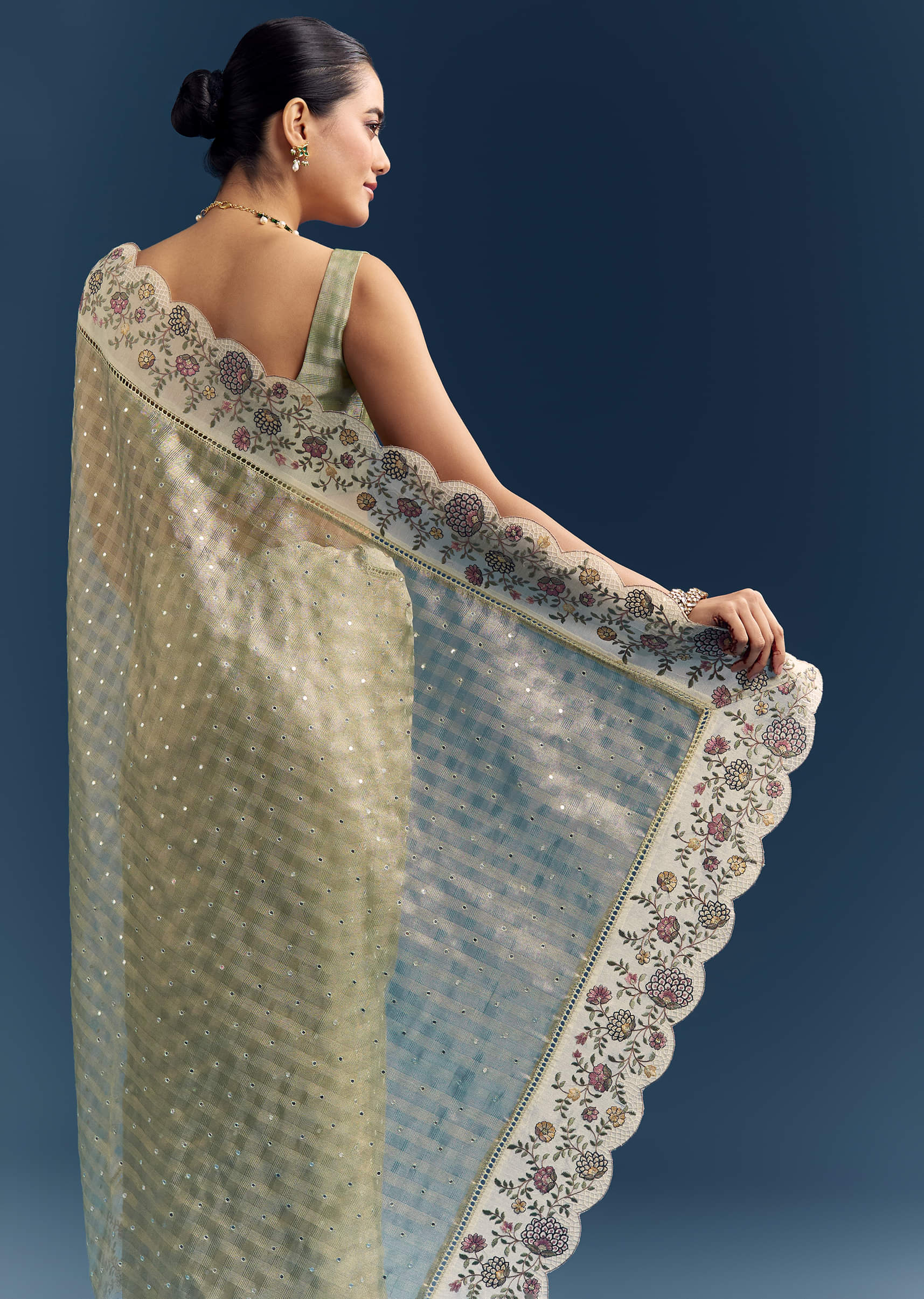 Pista Green Tissue Organza Woven Saree With Heavy Hand Embroidery - Image 6