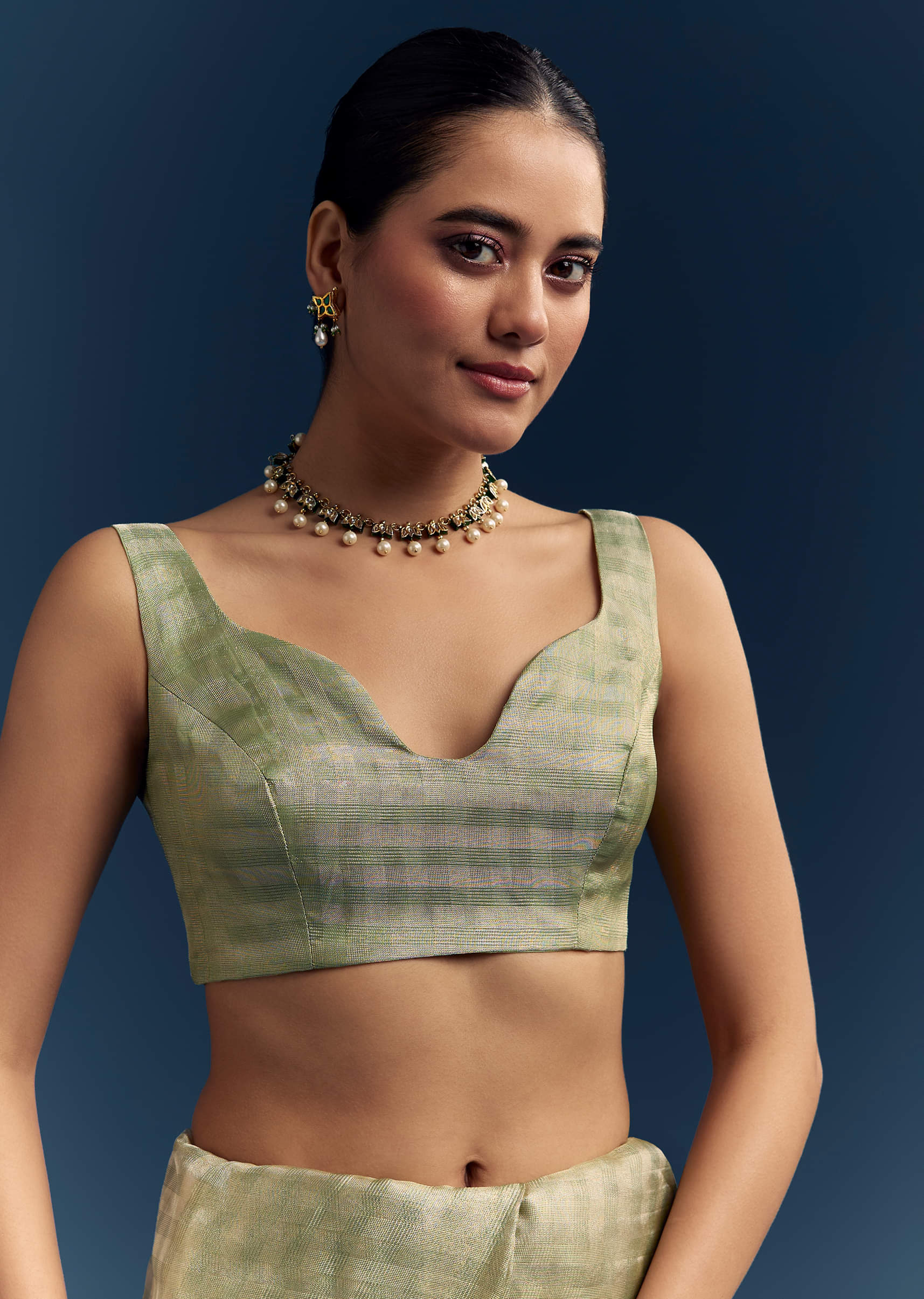 Pista Green Tissue Organza Woven Saree With Heavy Hand Embroidery - Image 8