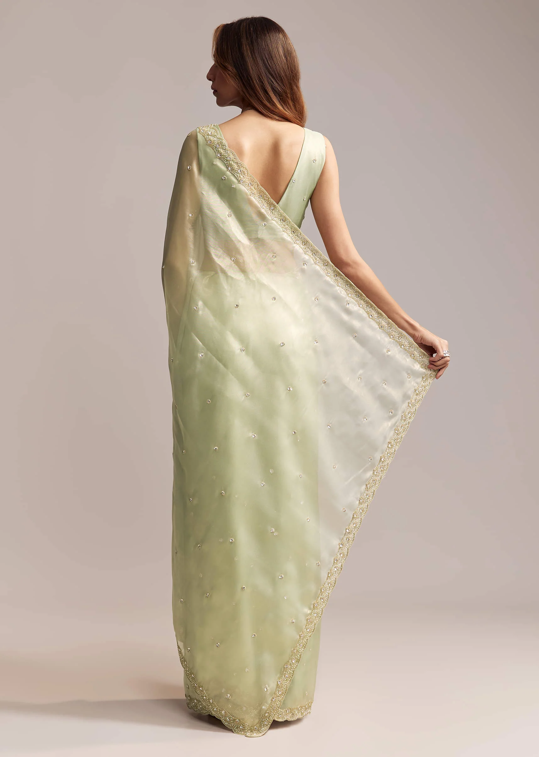 Pista Green Tissue Saree With Butti Work Embroidery - Image 3