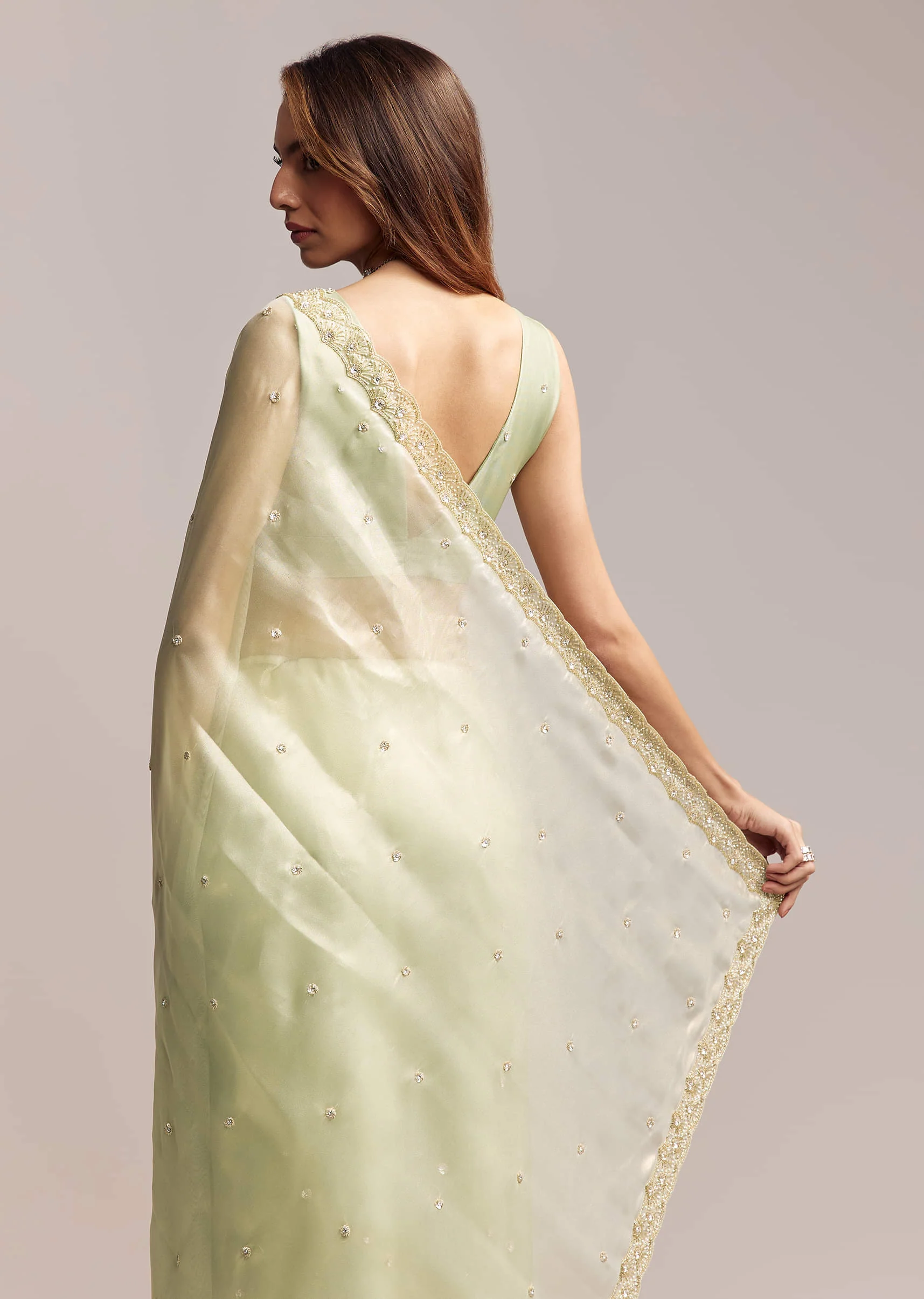Pista Green Tissue Saree With Butti Work Embroidery - Image 5