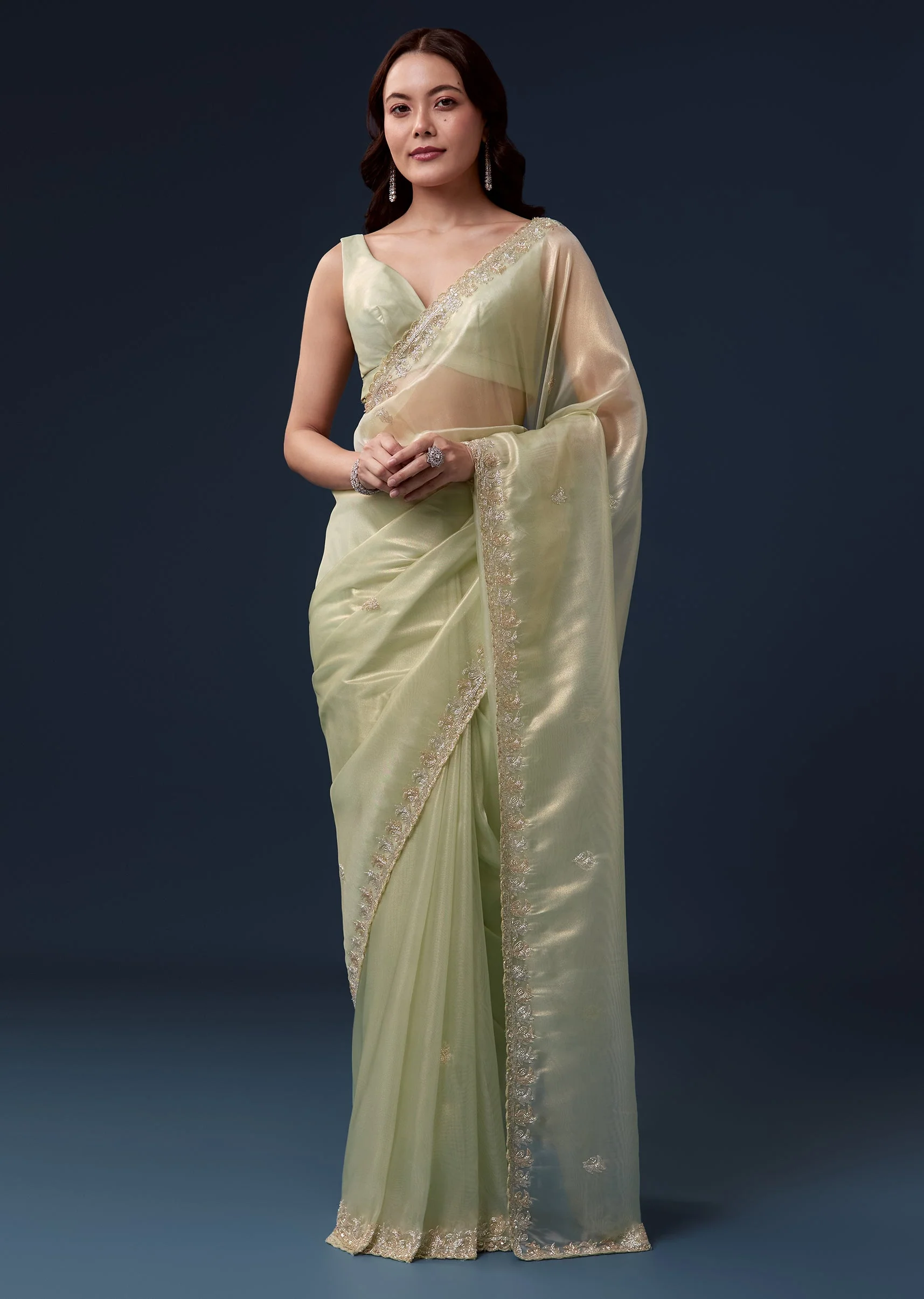 Pista Green Tissue Saree With Cutdana Beads And Sequin Embroidery - Image 2